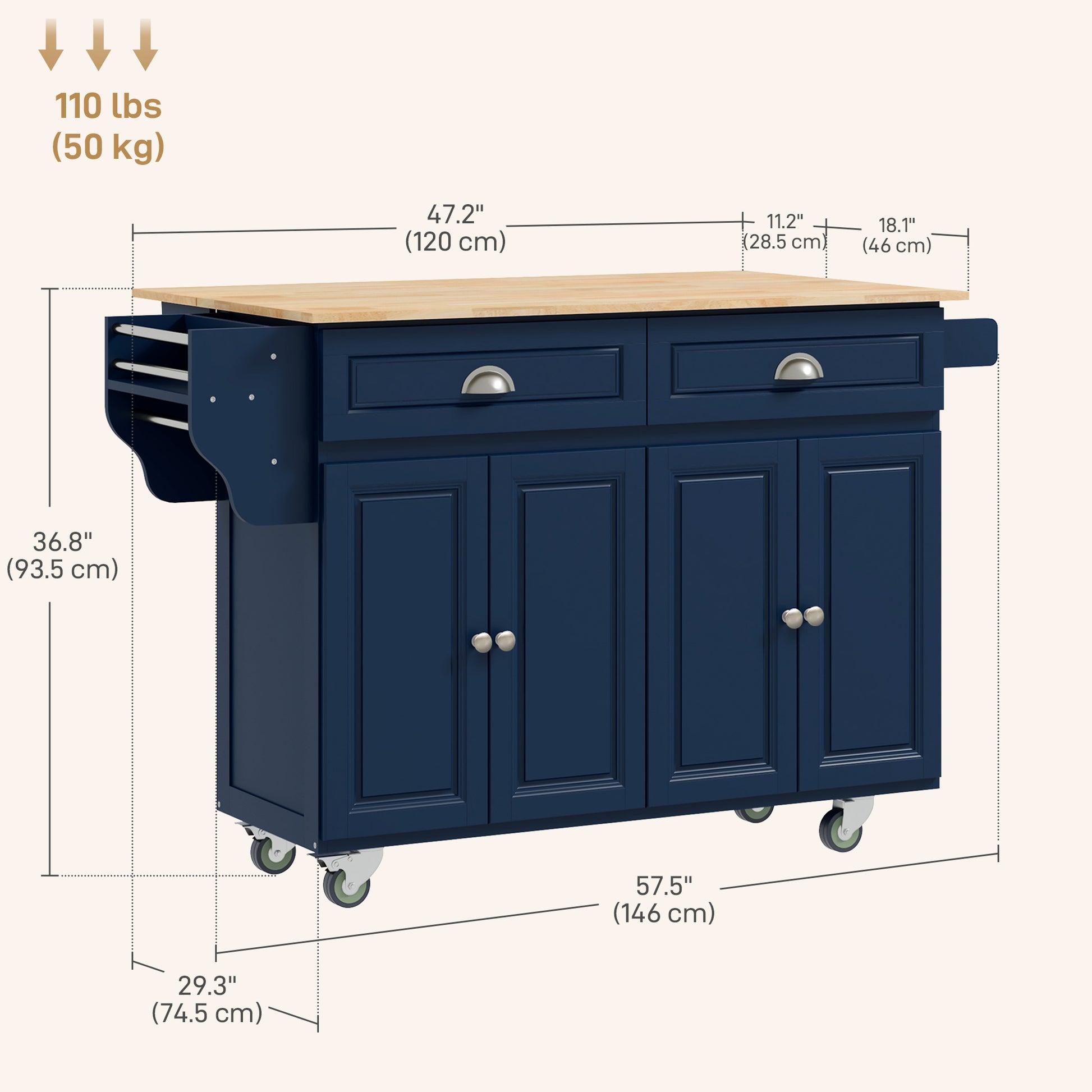 Rolling Kitchen Island with Drop Leaf - Navy Blue-DECOROLALA