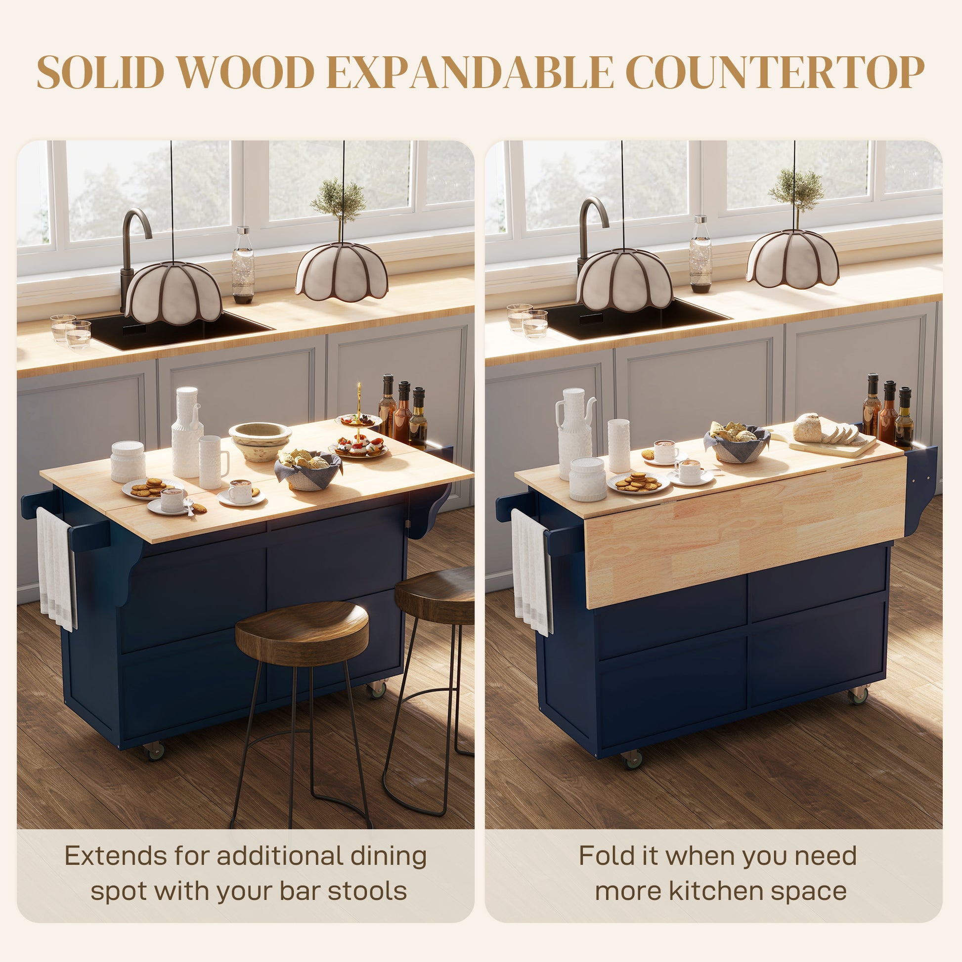Rolling Kitchen Island with Drop Leaf - Navy Blue-DECOROLALA