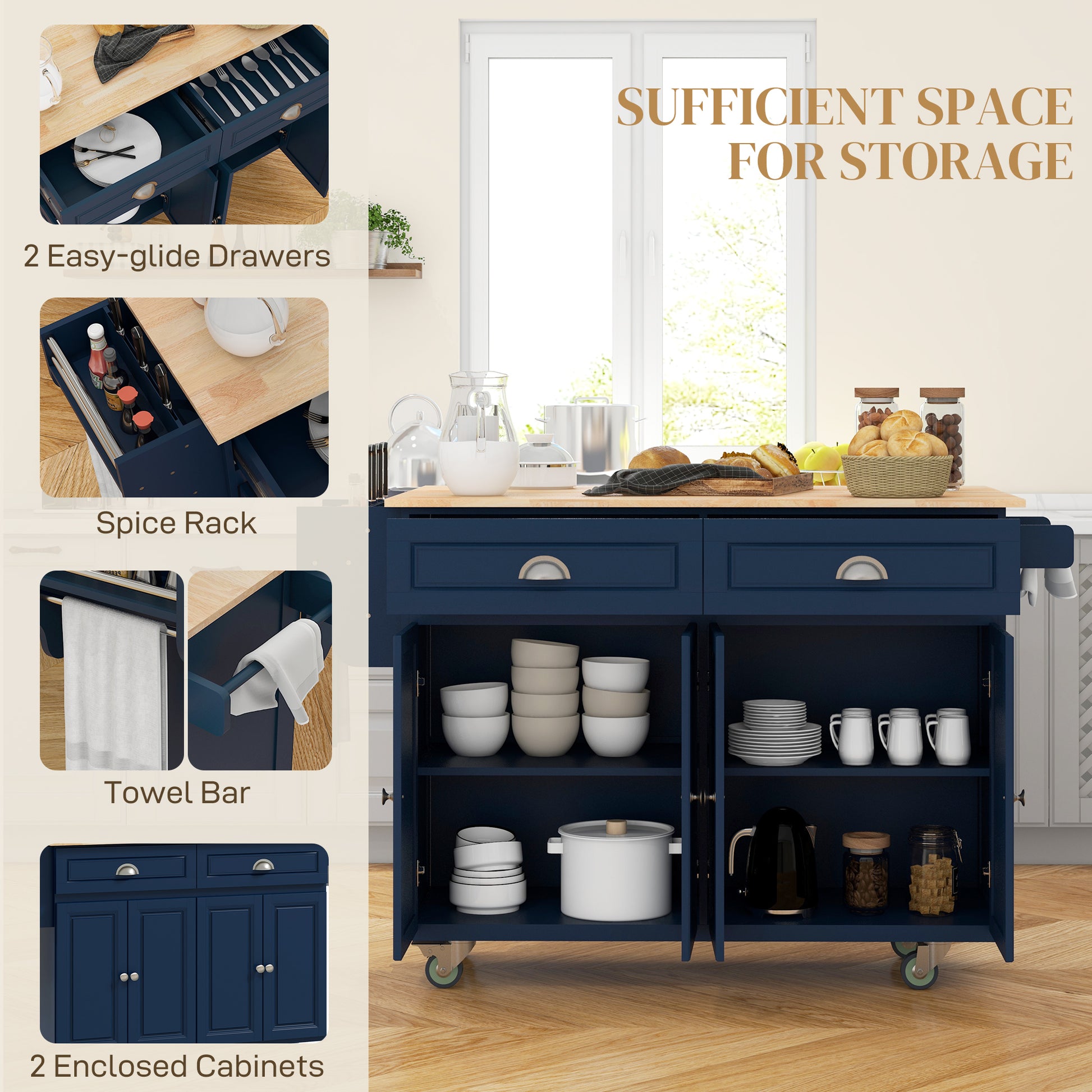 Rolling Kitchen Island with Drop Leaf - Navy Blue-DECOROLALA