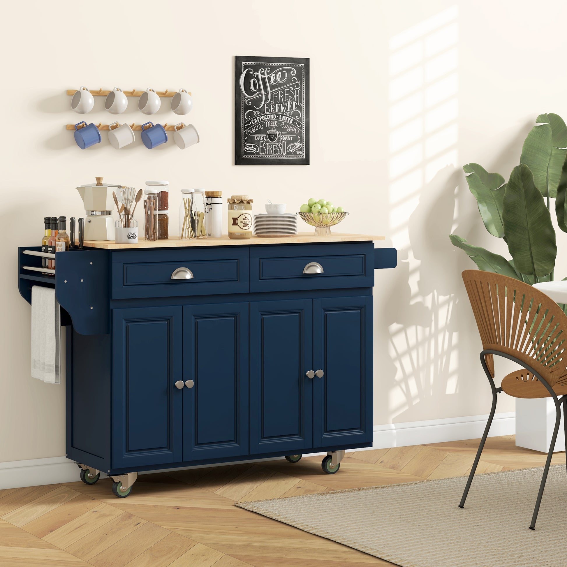 Rolling Kitchen Island with Drop Leaf - Navy Blue-DECOROLALA