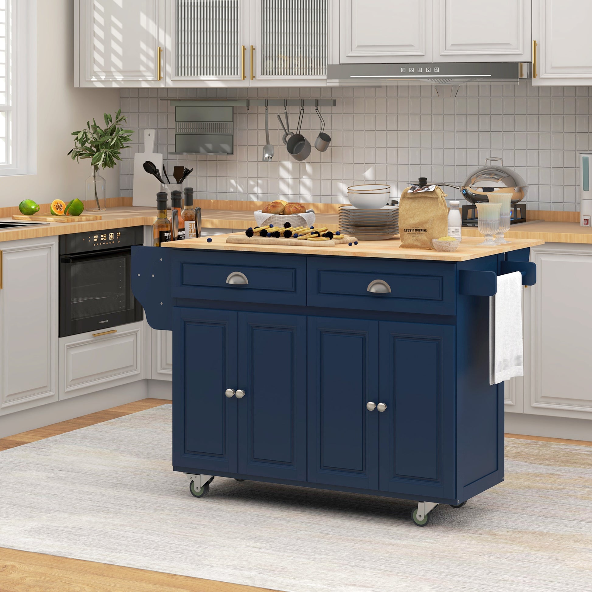 Rolling Kitchen Island with Drop Leaf - Navy Blue-DECOROLALA