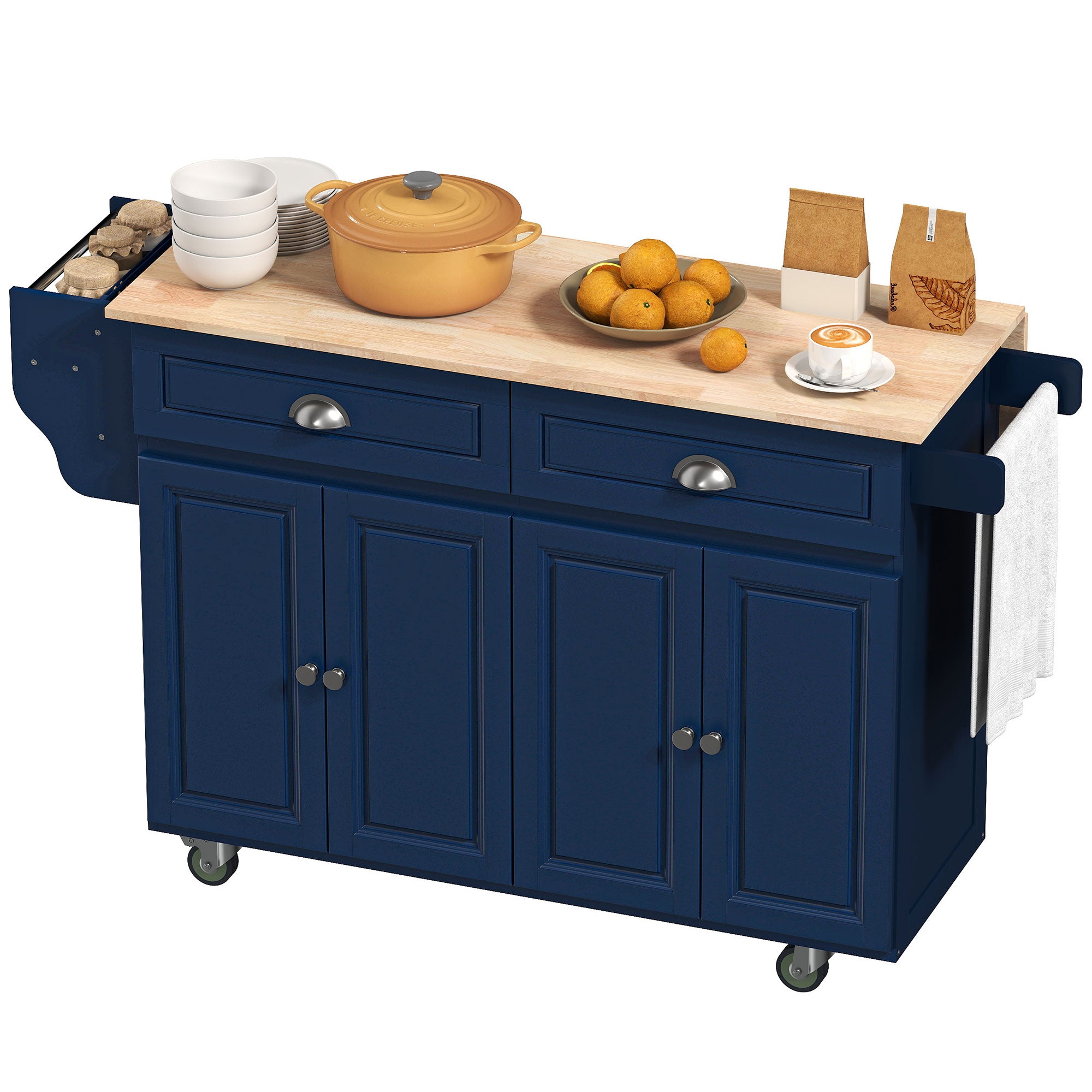 Rolling Kitchen Island with Drop Leaf - Navy Blue-DECOROLALA