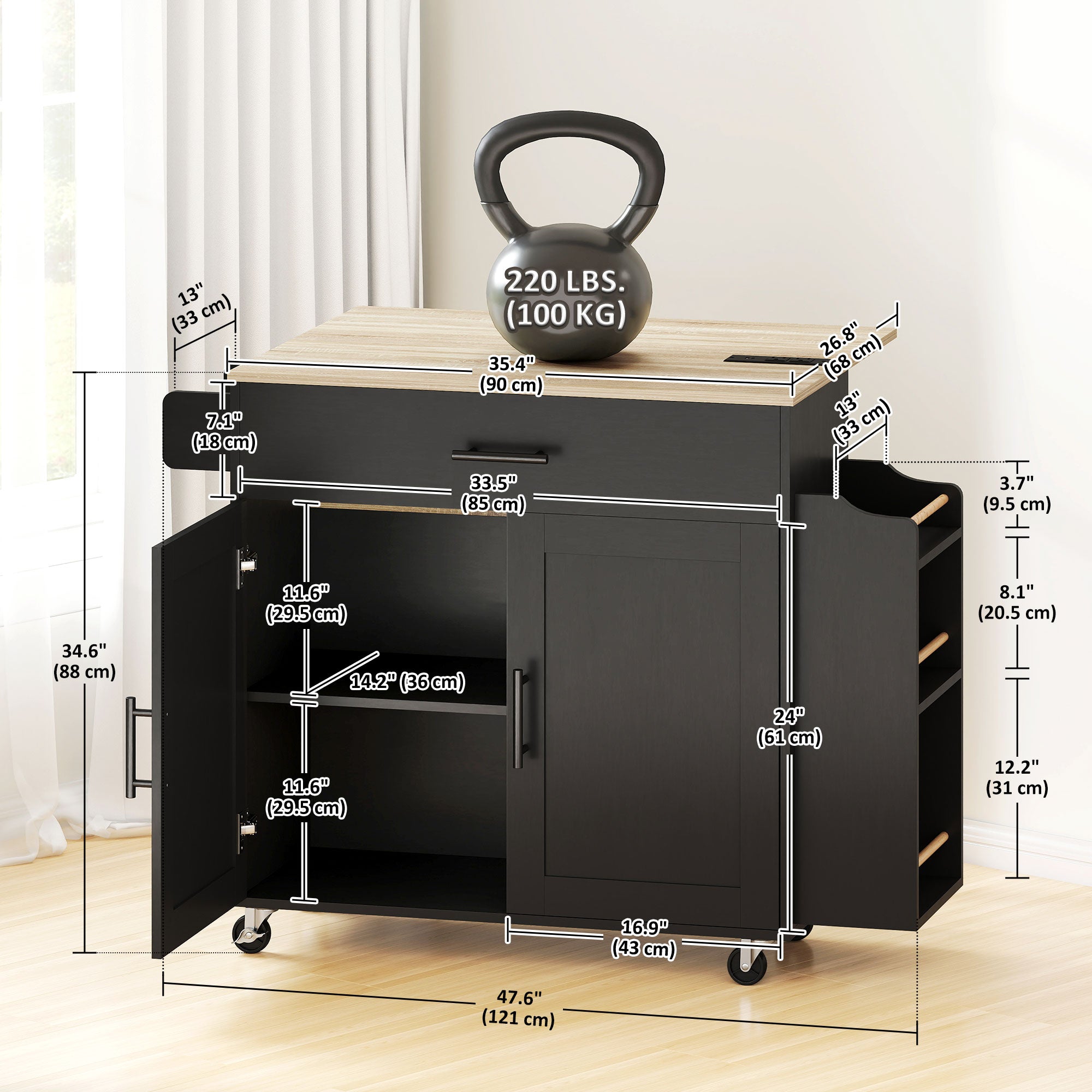 Rolling Kitchen Island with Drop Leaf & Power Outlet - Black-DECOROLALA