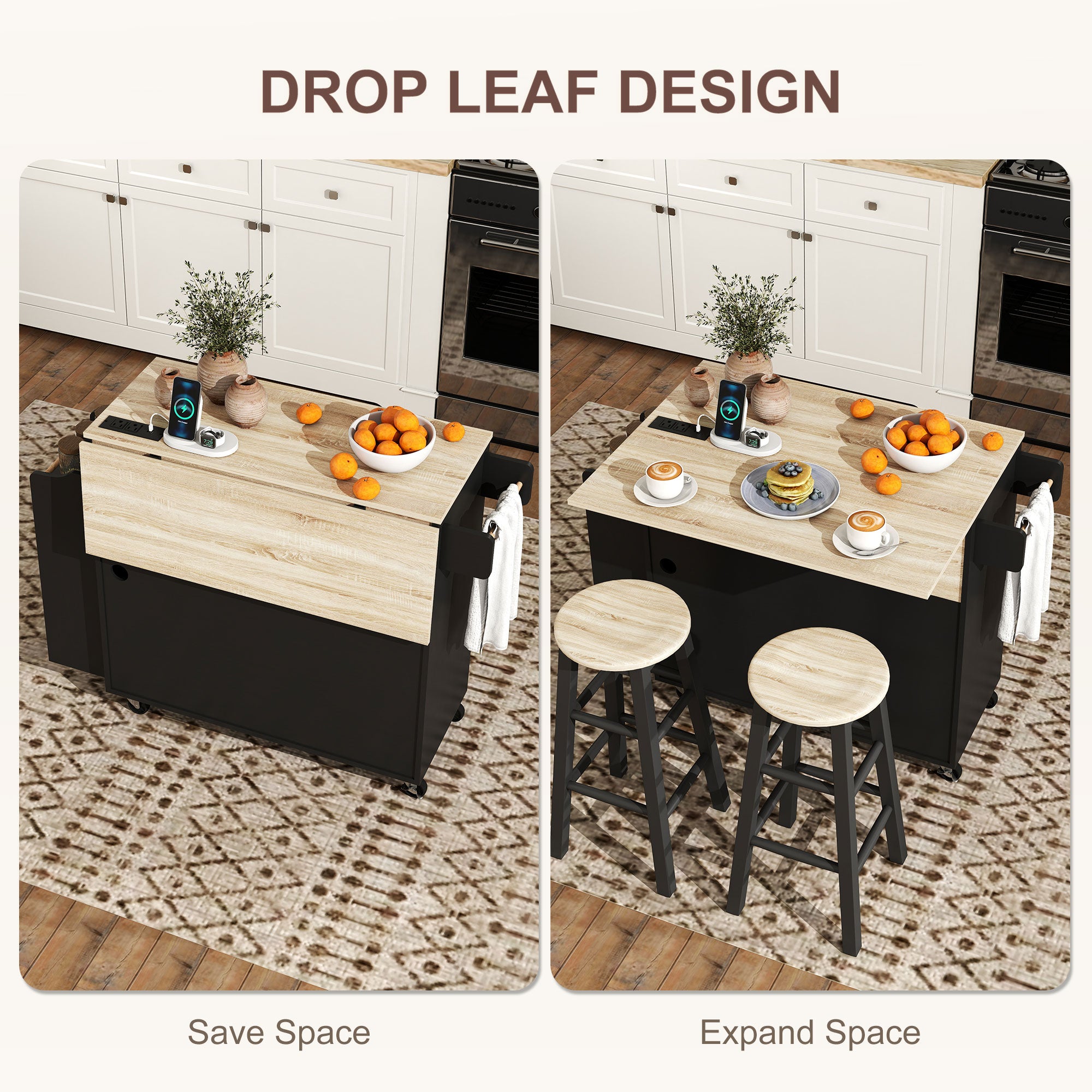 Rolling Kitchen Island with Drop Leaf & Power Outlet - Black-DECOROLALA