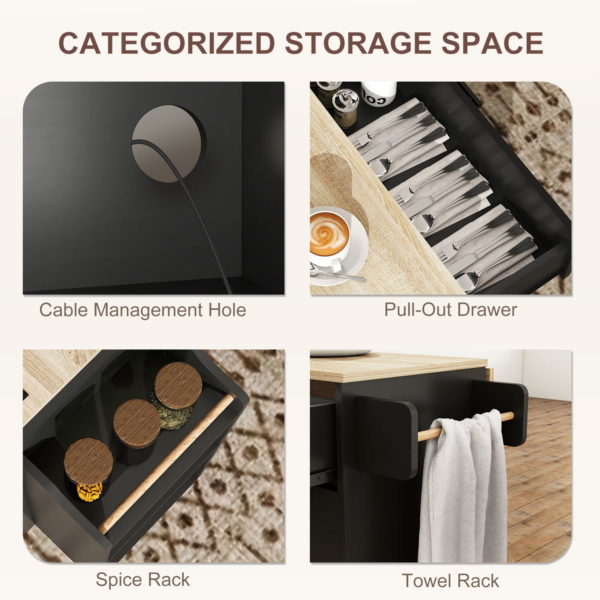Rolling Kitchen Island with Drop Leaf & Power Outlet - Black-DECOROLALA