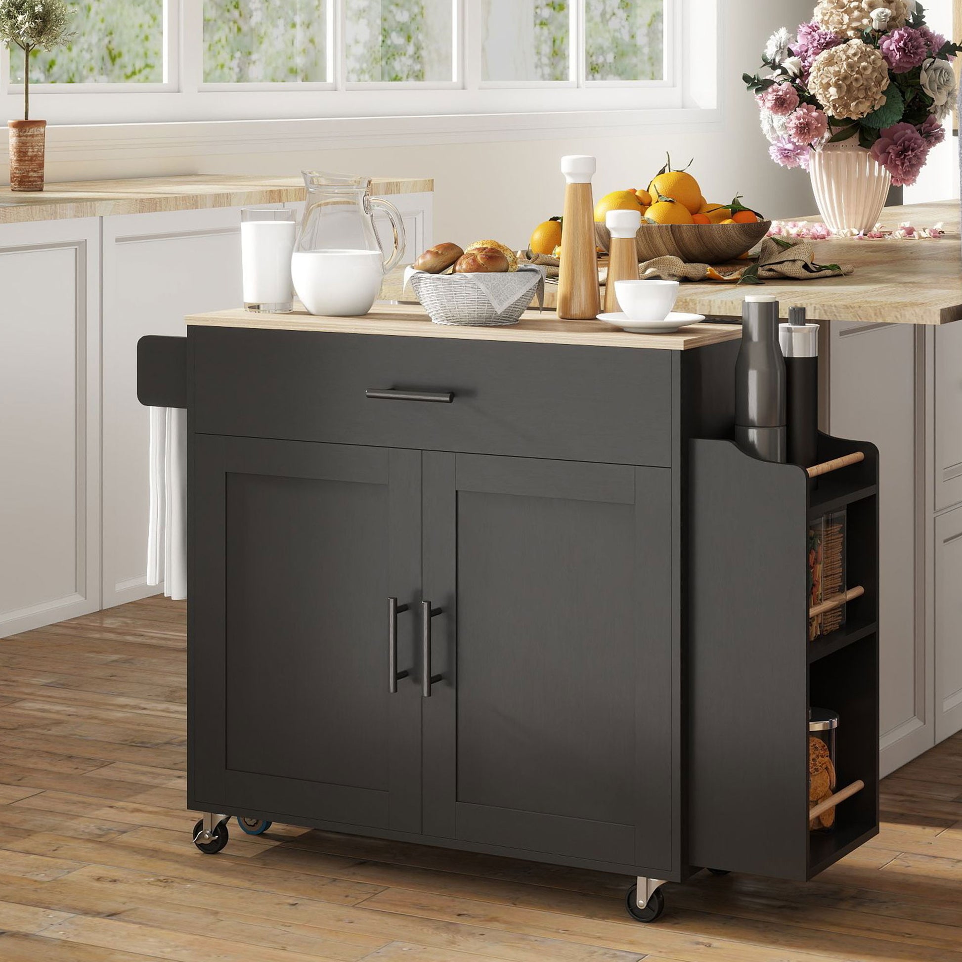 Rolling Kitchen Island with Drop Leaf & Power Outlet - Black-DECOROLALA