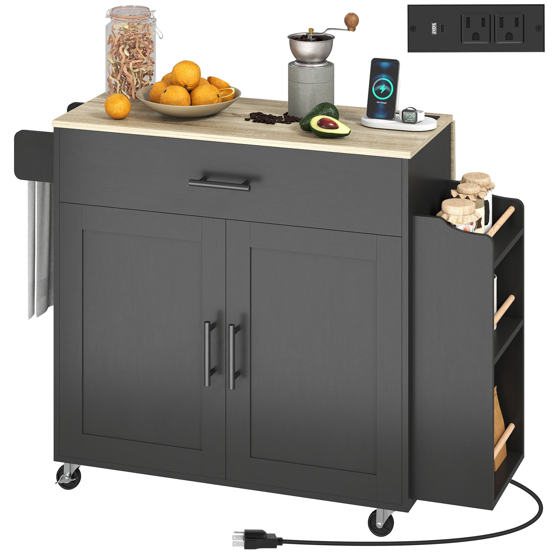 Rolling Kitchen Island with Drop Leaf & Power Outlet - Black-DECOROLALA