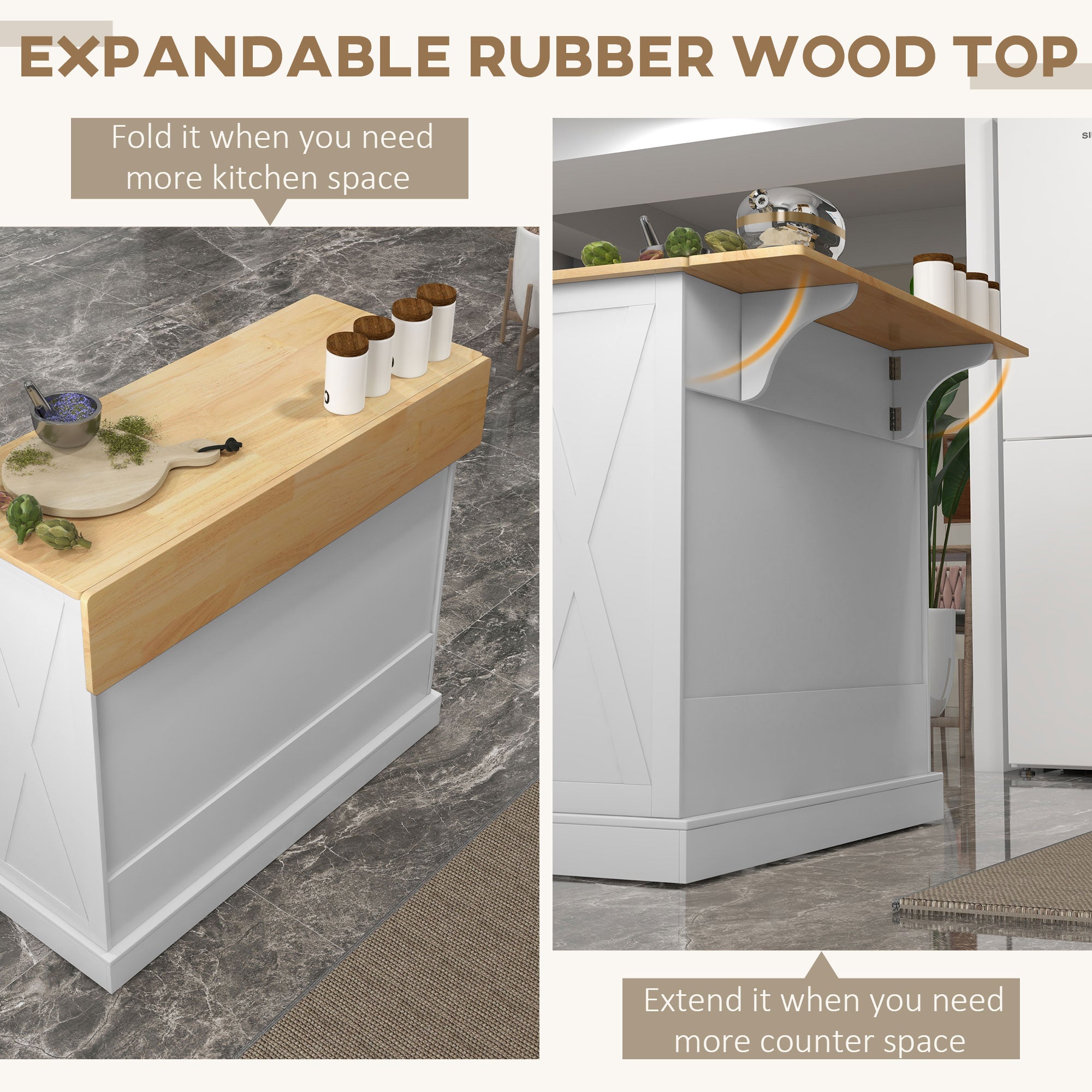 Rolling Kitchen Island with Drop Leaf Rubberwood Top - White-DECOROLALA
