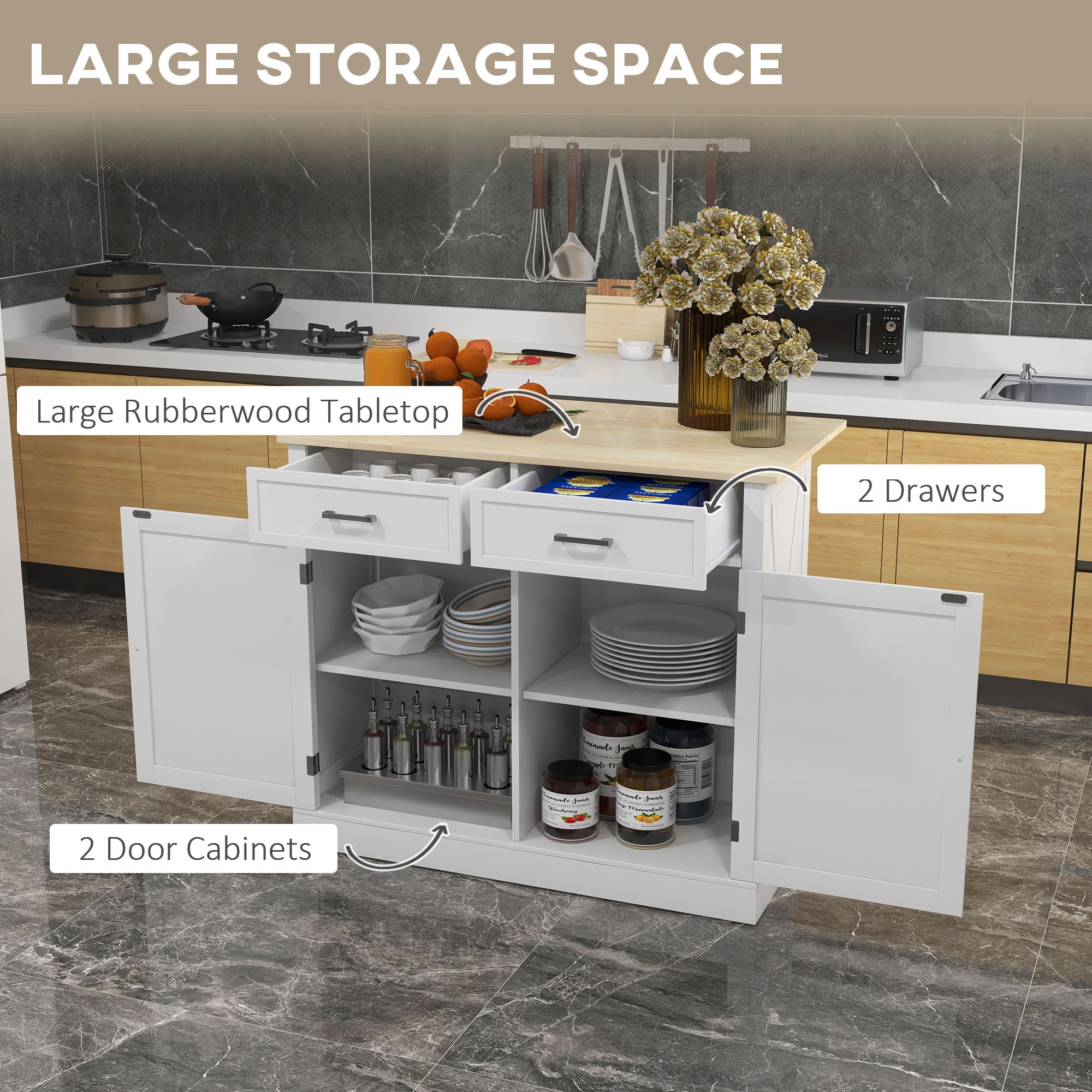 Rolling Kitchen Island with Drop Leaf Rubberwood Top - White-DECOROLALA