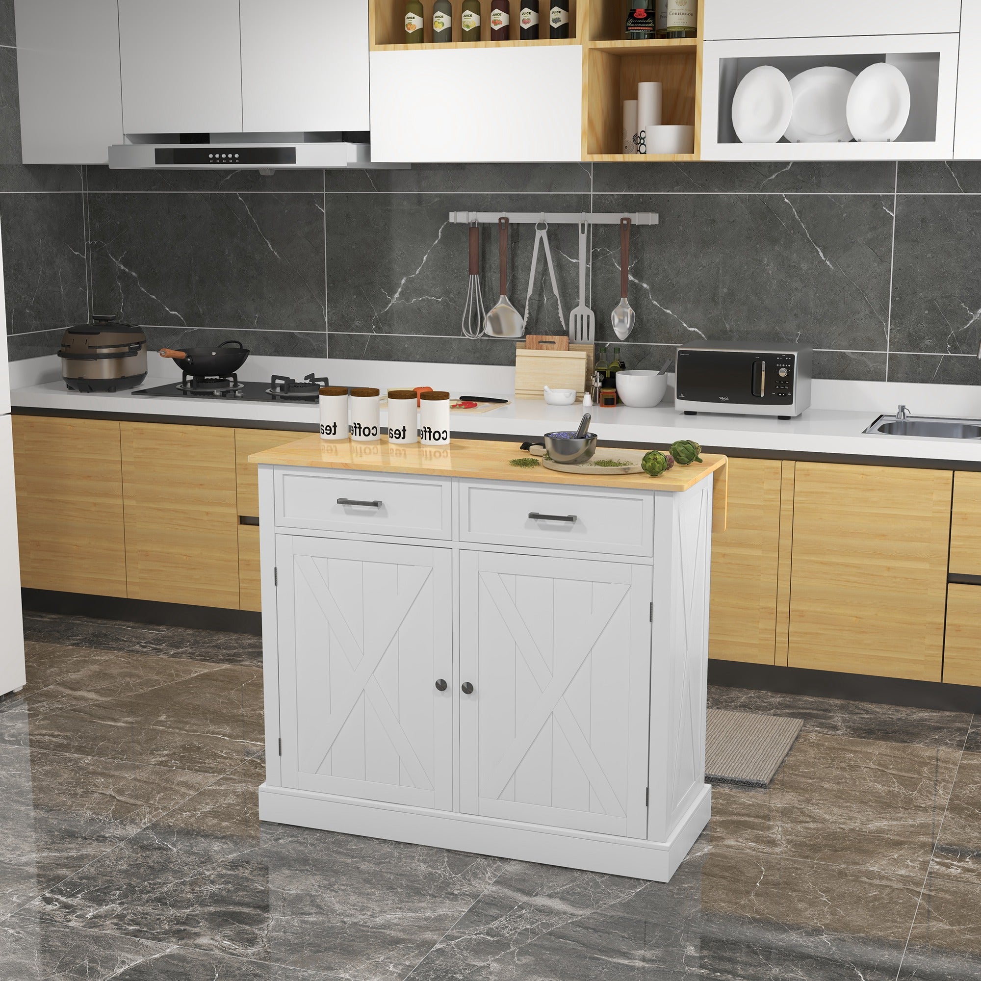 Rolling Kitchen Island with Drop Leaf Rubberwood Top - White-DECOROLALA