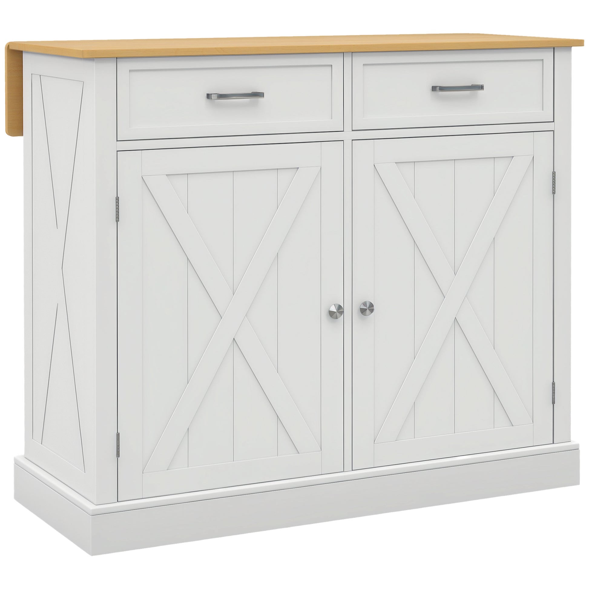 Rolling Kitchen Island with Drop Leaf Rubberwood Top - White-DECOROLALA