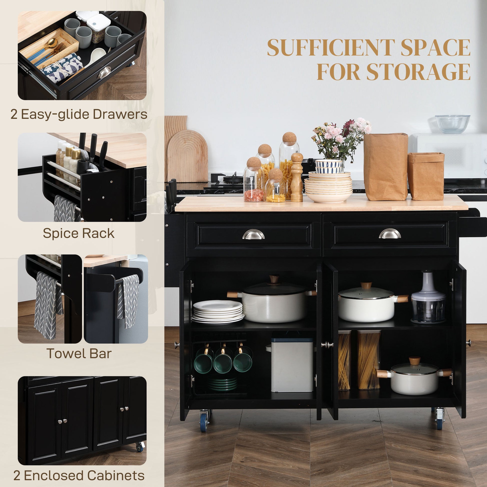 Rolling Kitchen Island with Drop Leaf Storage - Black-DECOROLALA