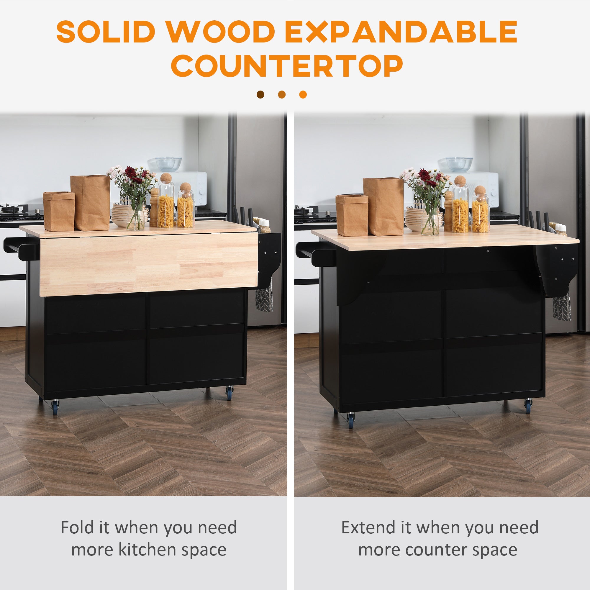 Rolling Kitchen Island with Drop Leaf Storage - Black-DECOROLALA