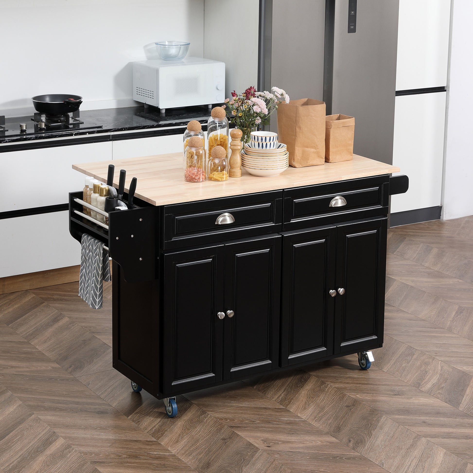 Rolling Kitchen Island with Drop Leaf Storage - Black-DECOROLALA