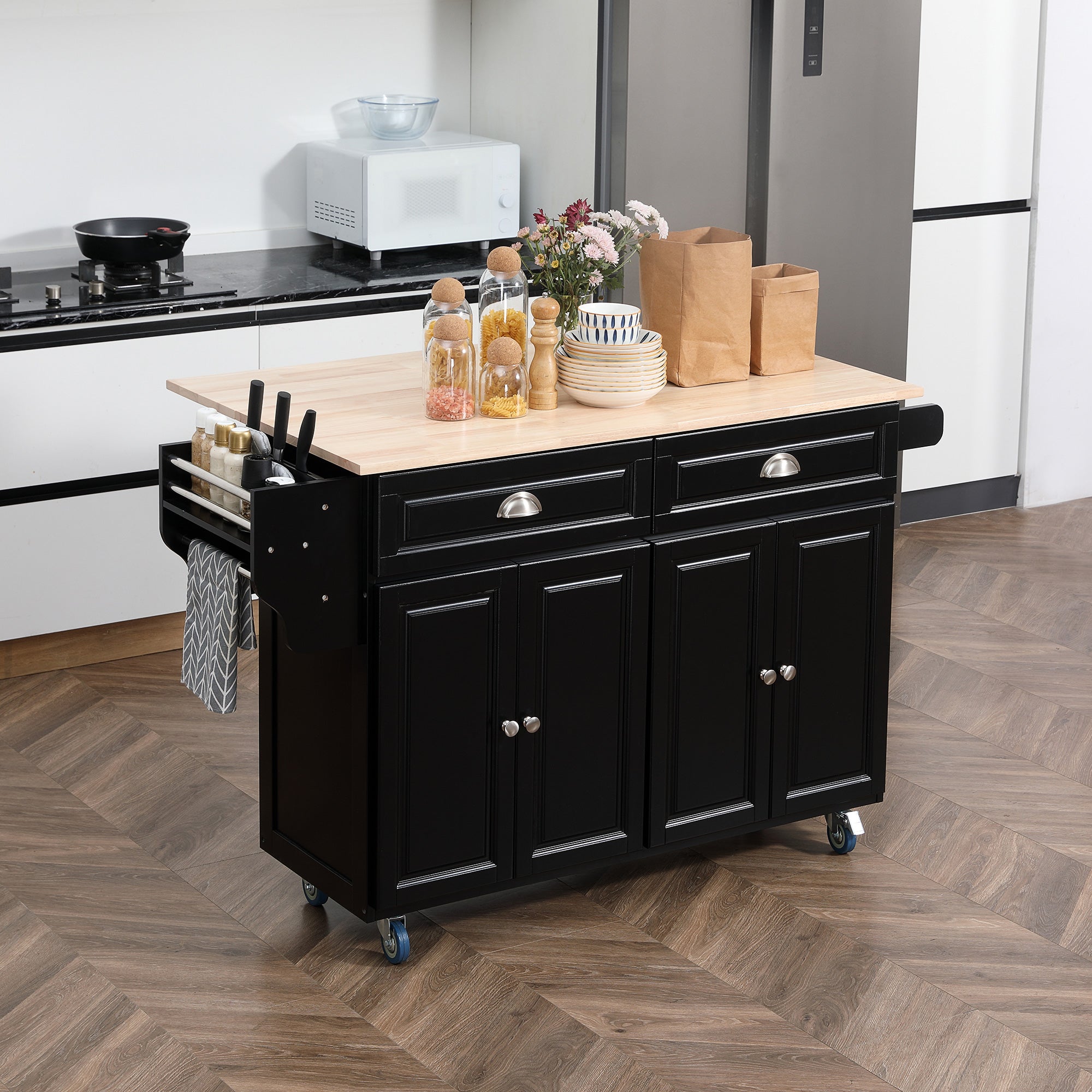 Rolling Kitchen Island with Drop Leaf Storage - Black-DECOROLALA