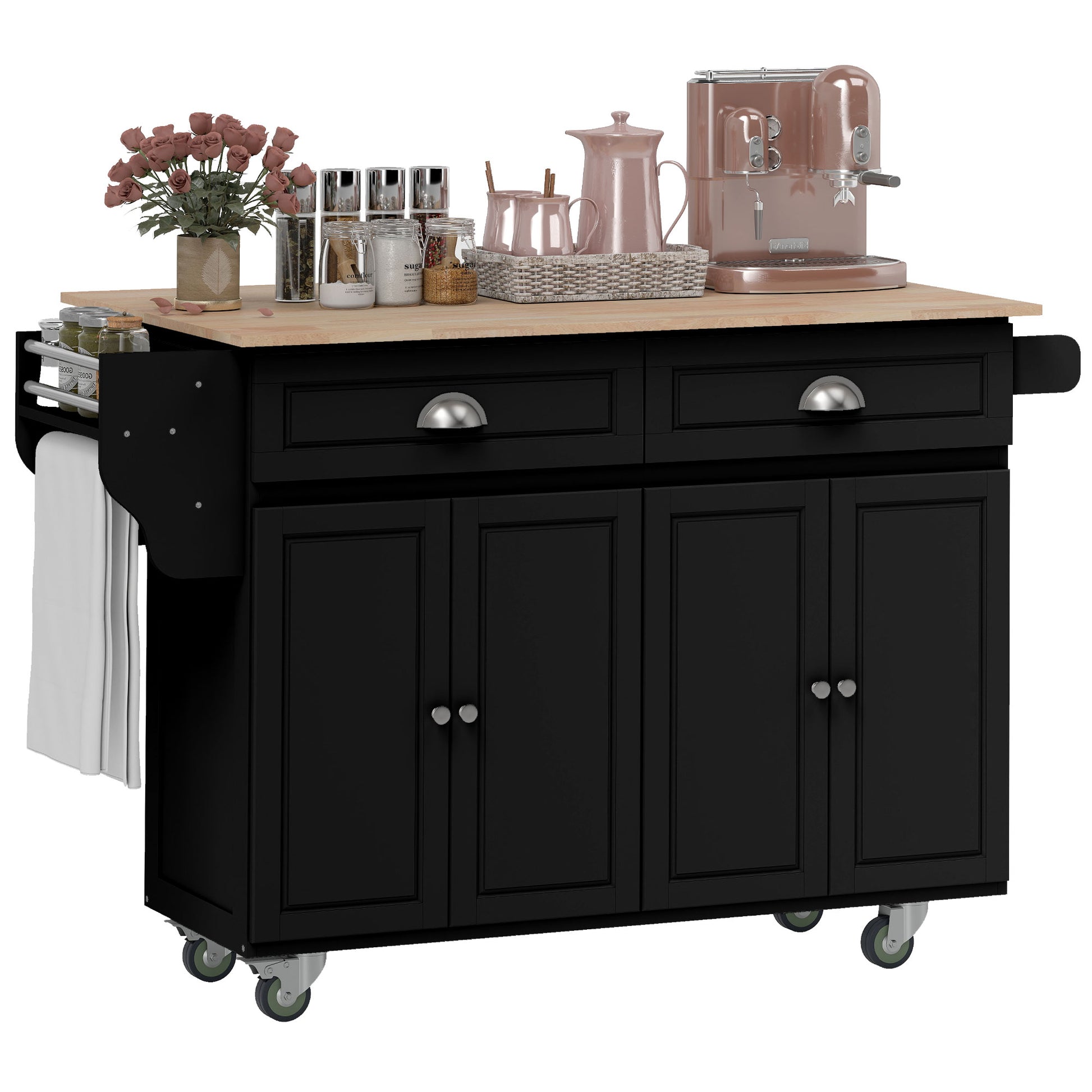 Rolling Kitchen Island with Drop Leaf Storage - Black-DECOROLALA