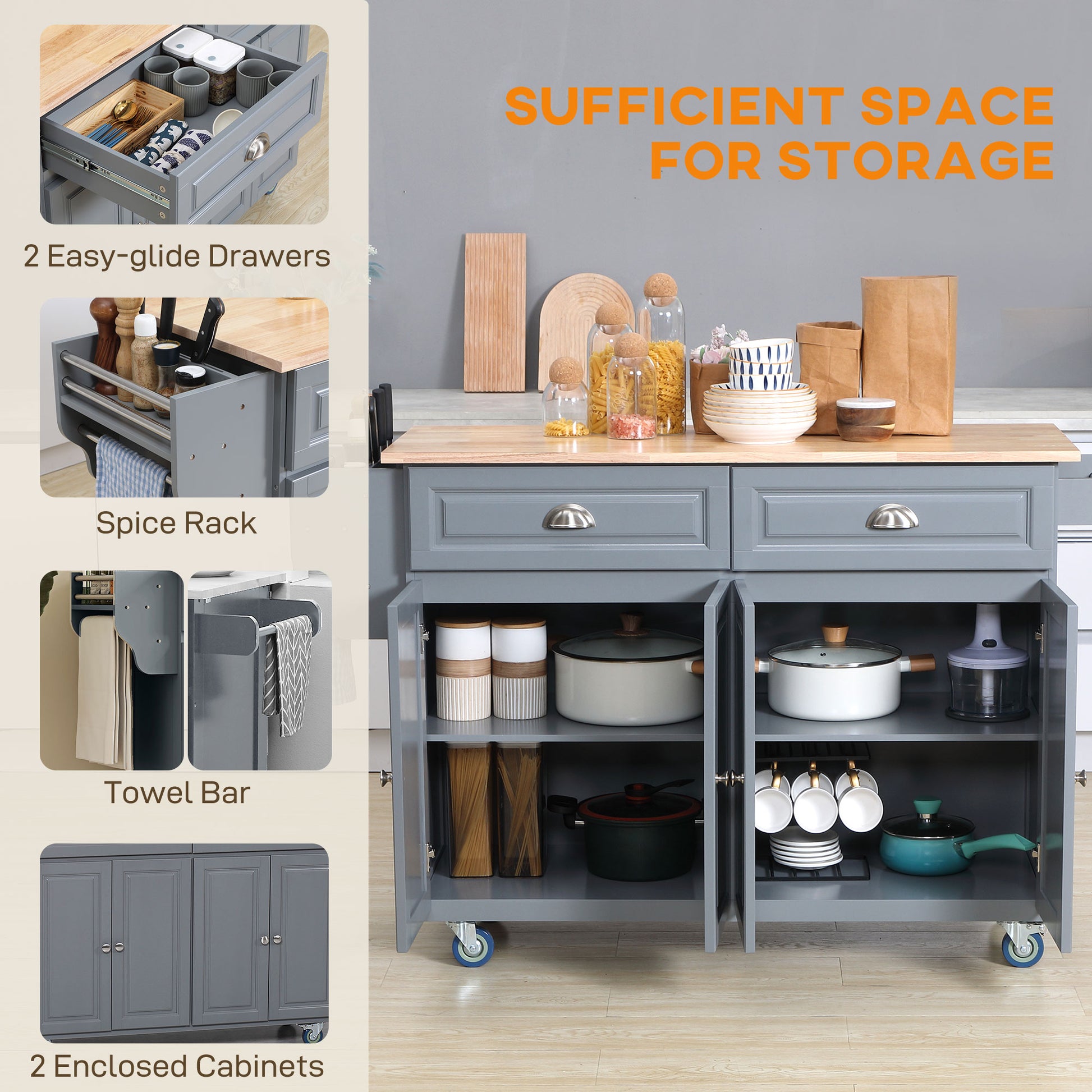 Rolling Kitchen Island with Drop Leaf Storage - Grey-DECOROLALA