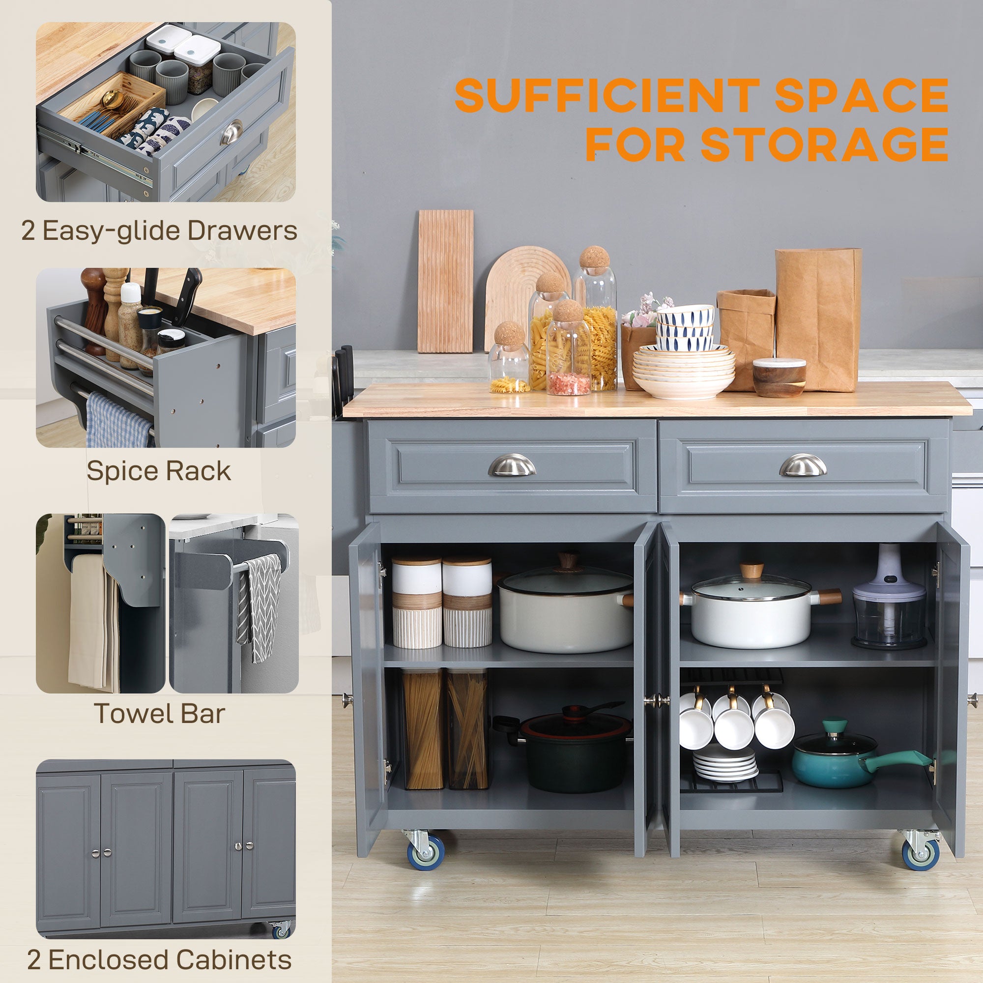 Rolling Kitchen Island with Drop Leaf Storage - Grey-DECOROLALA