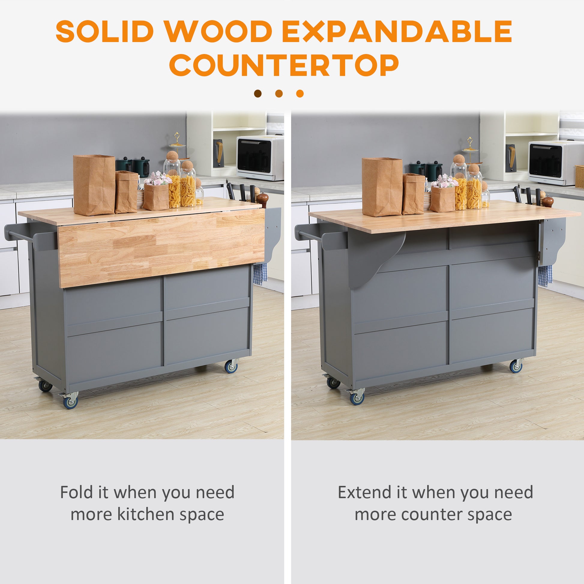 Rolling Kitchen Island with Drop Leaf Storage - Grey-DECOROLALA