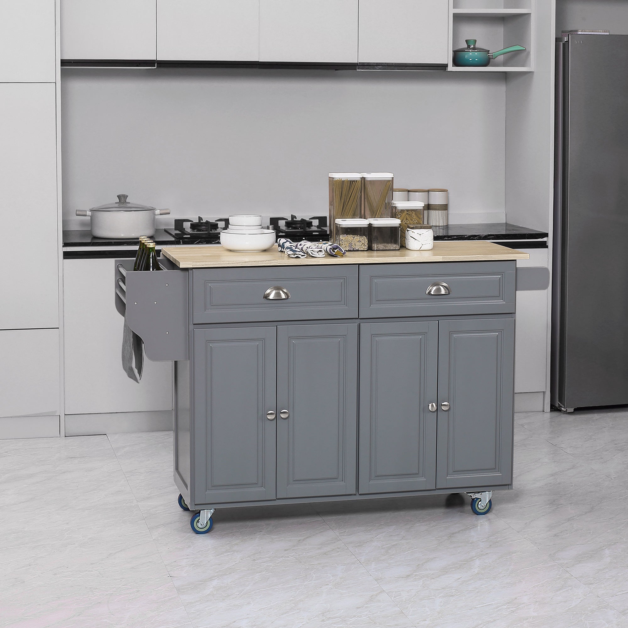 Rolling Kitchen Island with Drop Leaf Storage - Grey-DECOROLALA