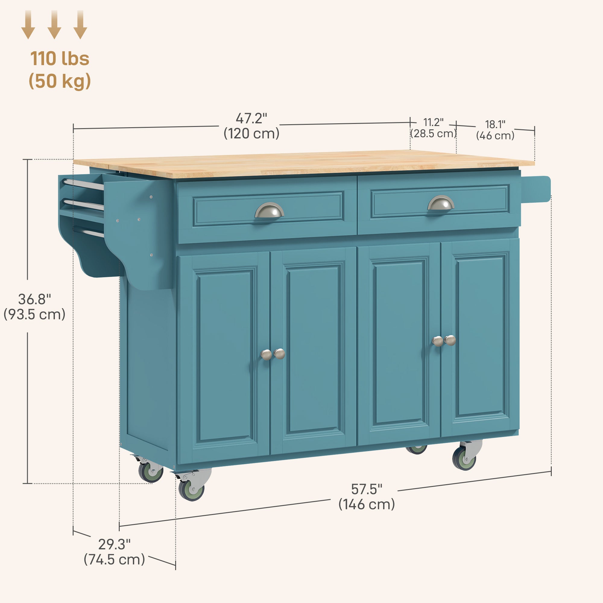 Rolling Kitchen Island with Drop Leaf Storage - Light Blue-DECOROLALA