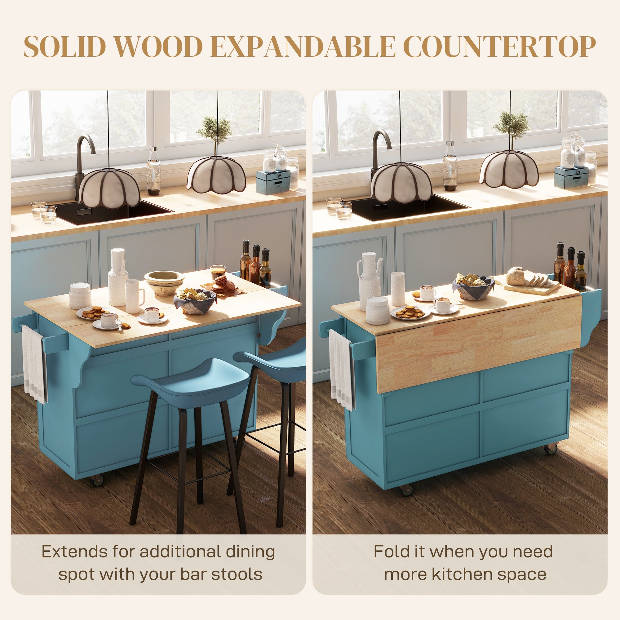 Rolling Kitchen Island with Drop Leaf Storage - Light Blue-DECOROLALA