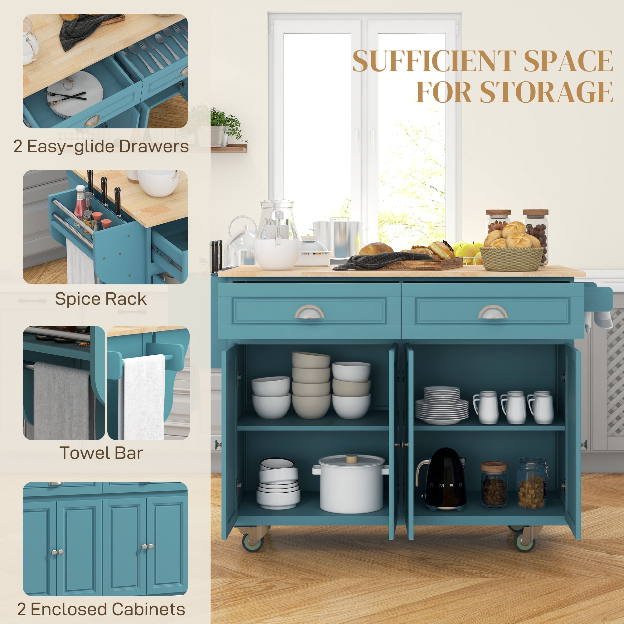 Rolling Kitchen Island with Drop Leaf Storage - Light Blue-DECOROLALA