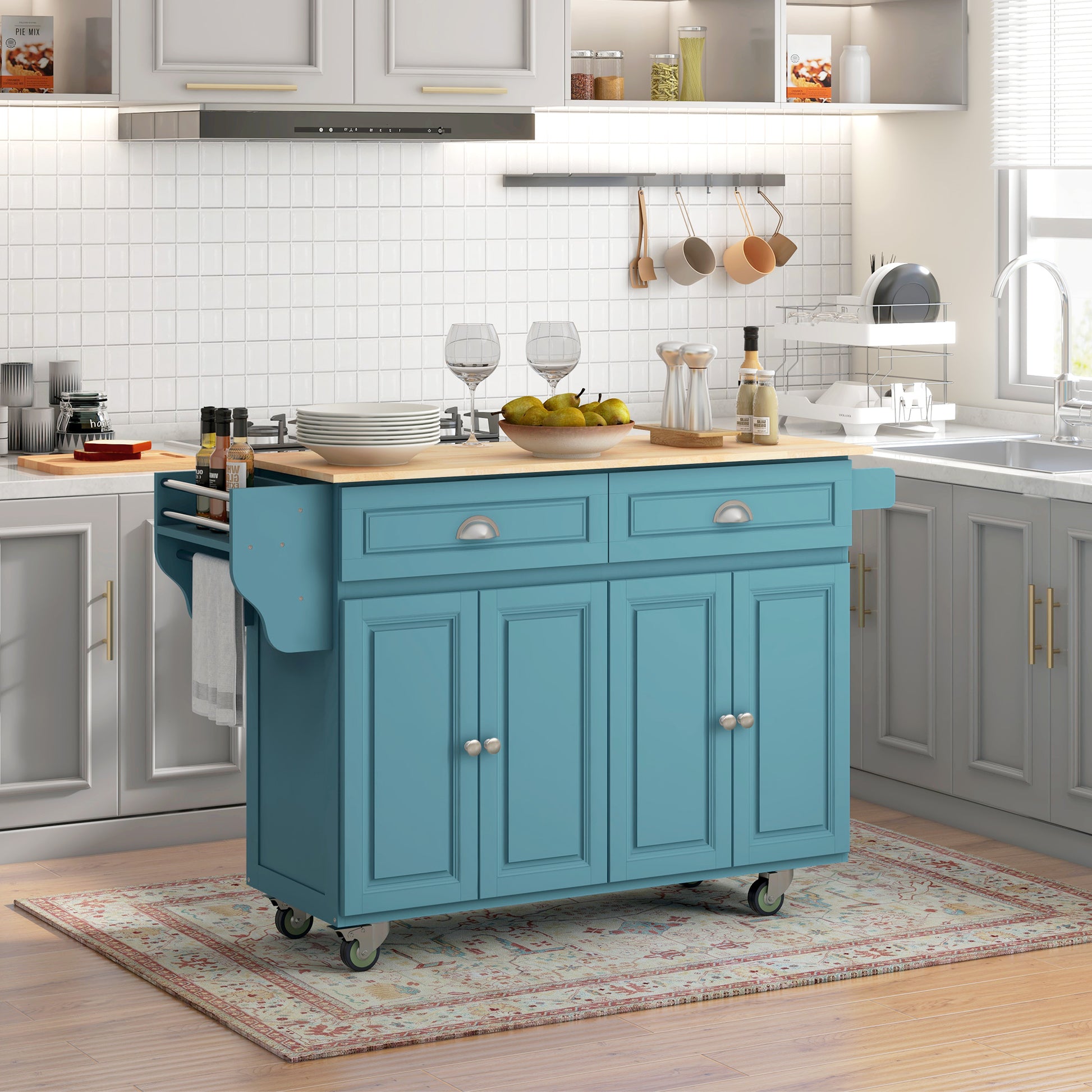 Rolling Kitchen Island with Drop Leaf Storage - Light Blue-DECOROLALA