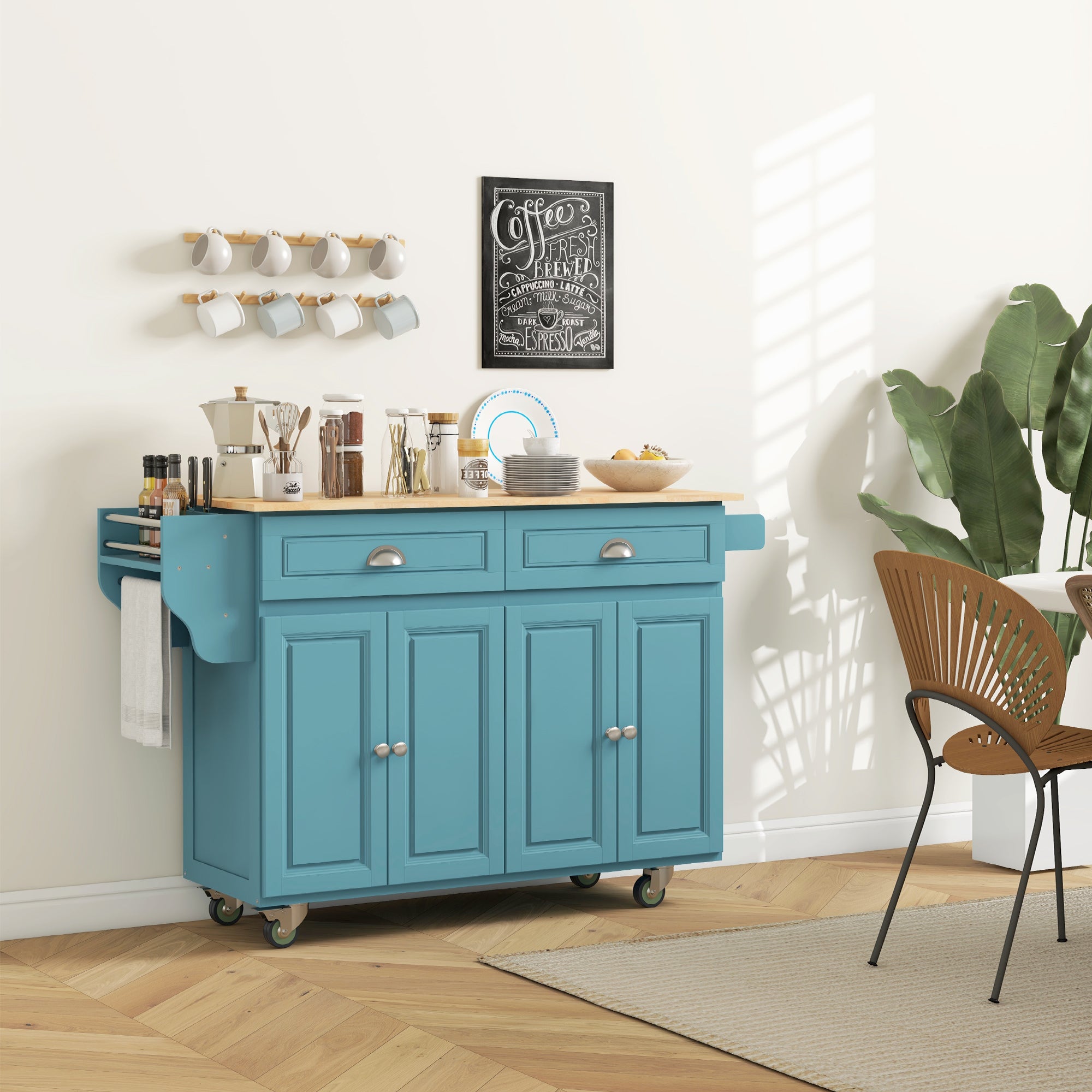 Rolling Kitchen Island with Drop Leaf Storage - Light Blue-DECOROLALA