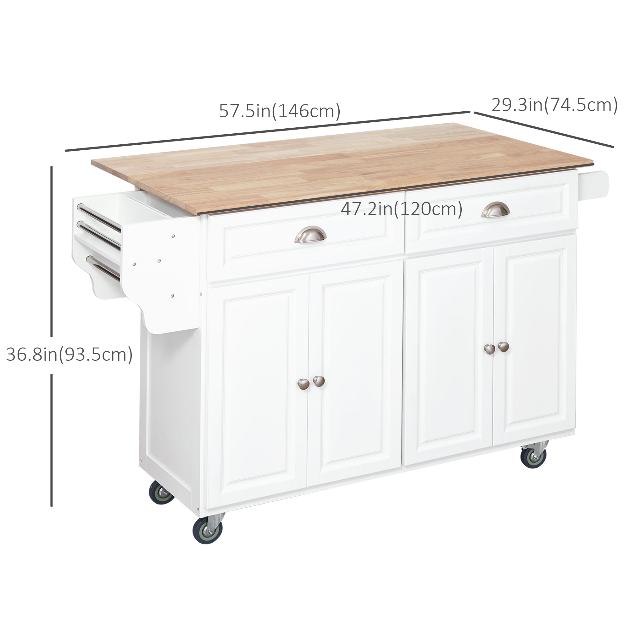 Rolling Kitchen Island with Drop Leaf - White Wood Top-DECOROLALA
