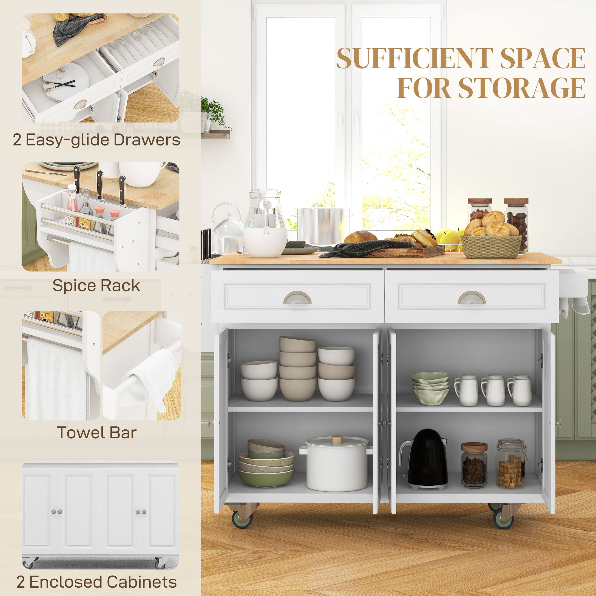 Rolling Kitchen Island with Drop Leaf - White Wood Top-DECOROLALA
