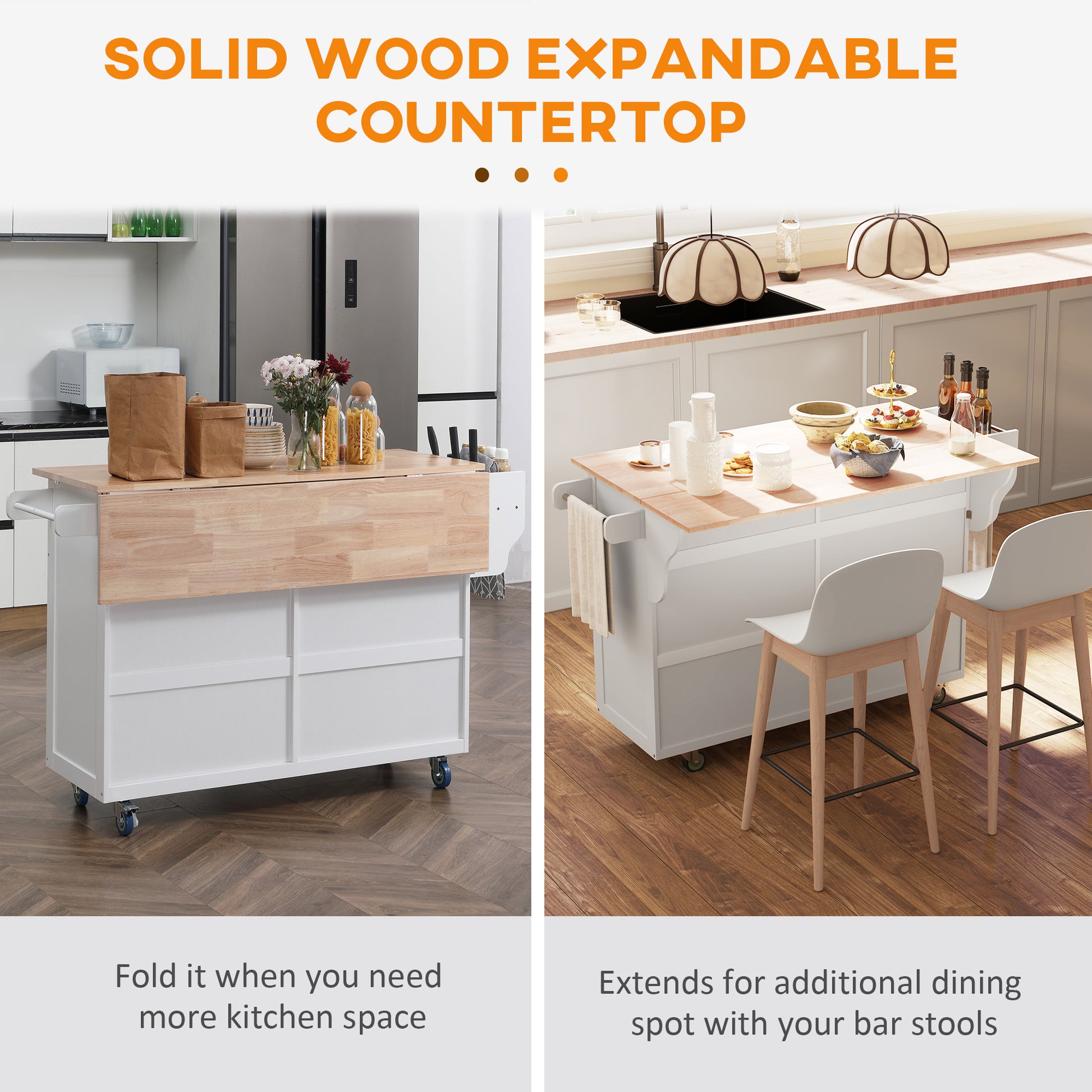 Rolling Kitchen Island with Drop Leaf - White Wood Top-DECOROLALA