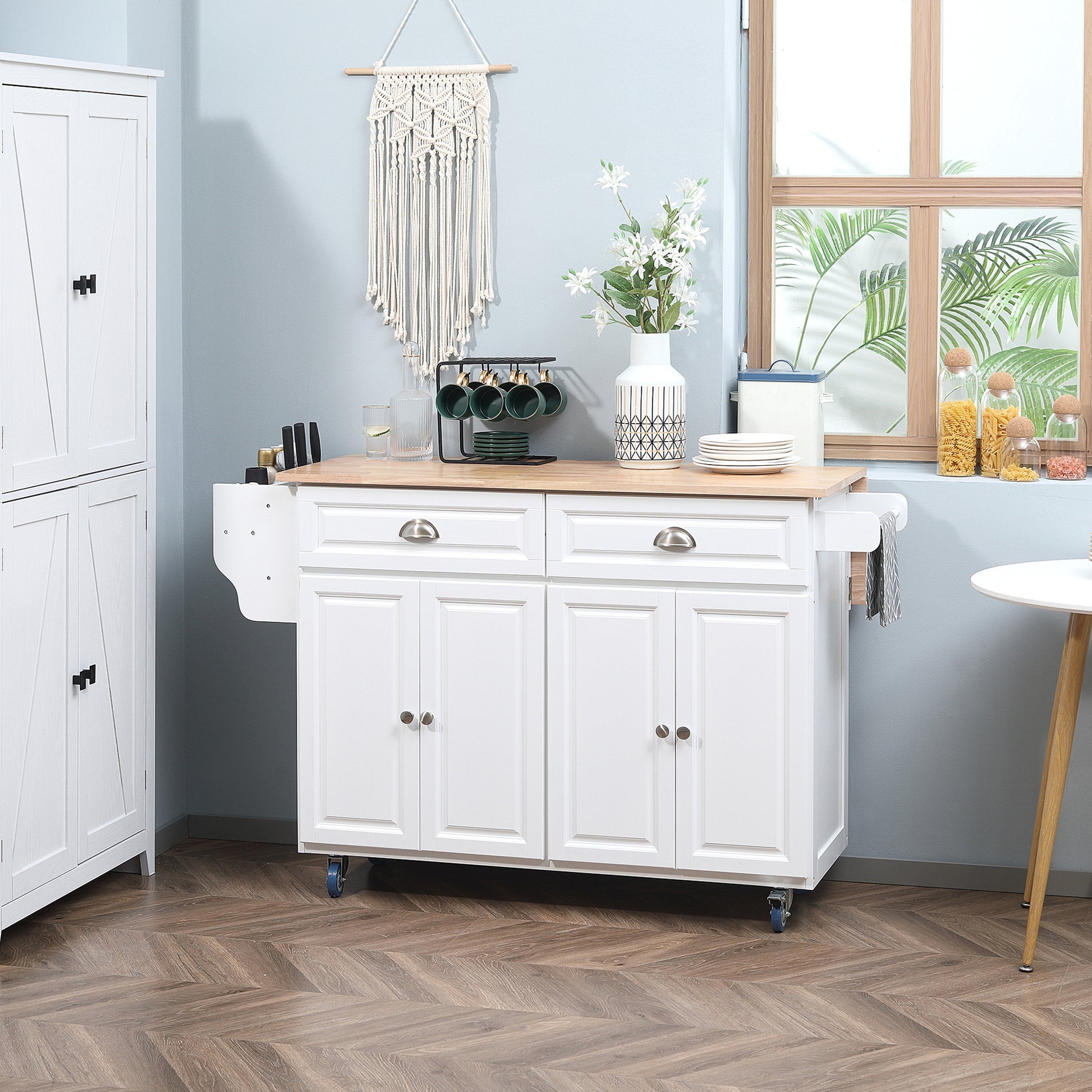 Rolling Kitchen Island with Drop Leaf - White Wood Top-DECOROLALA