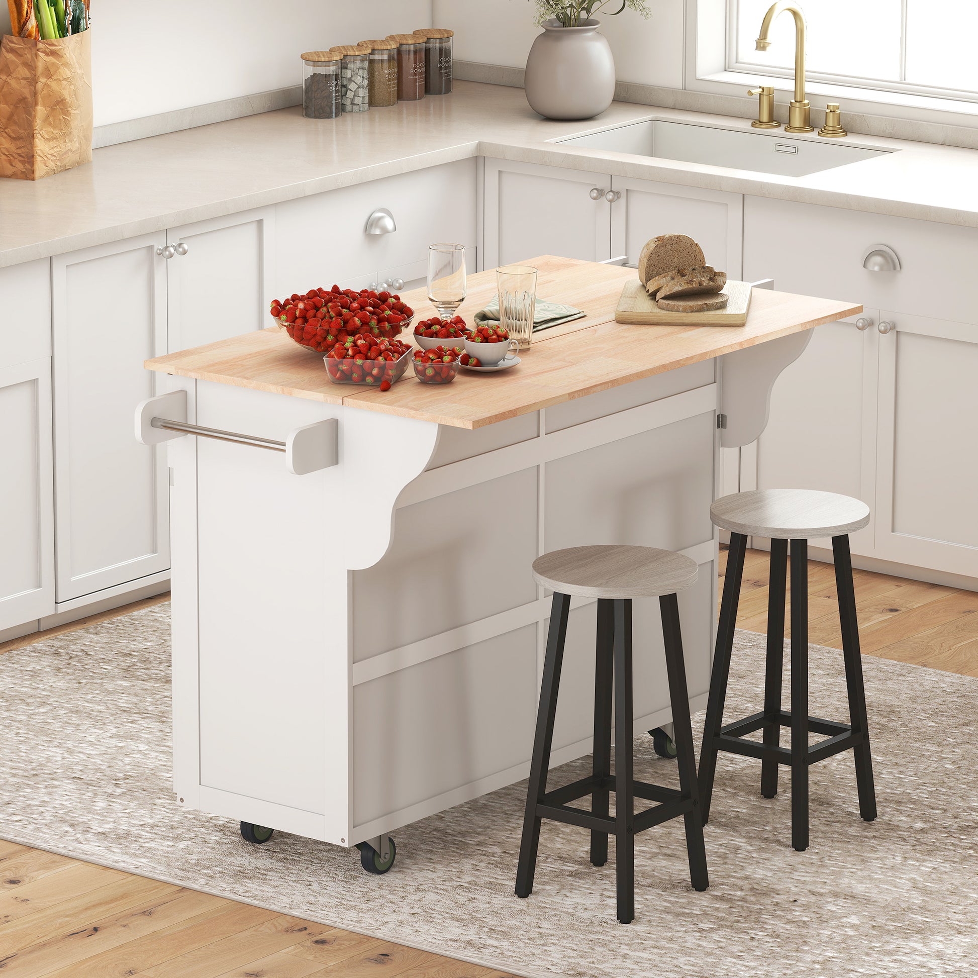 Rolling Kitchen Island with Drop Leaf - White Wood Top-DECOROLALA