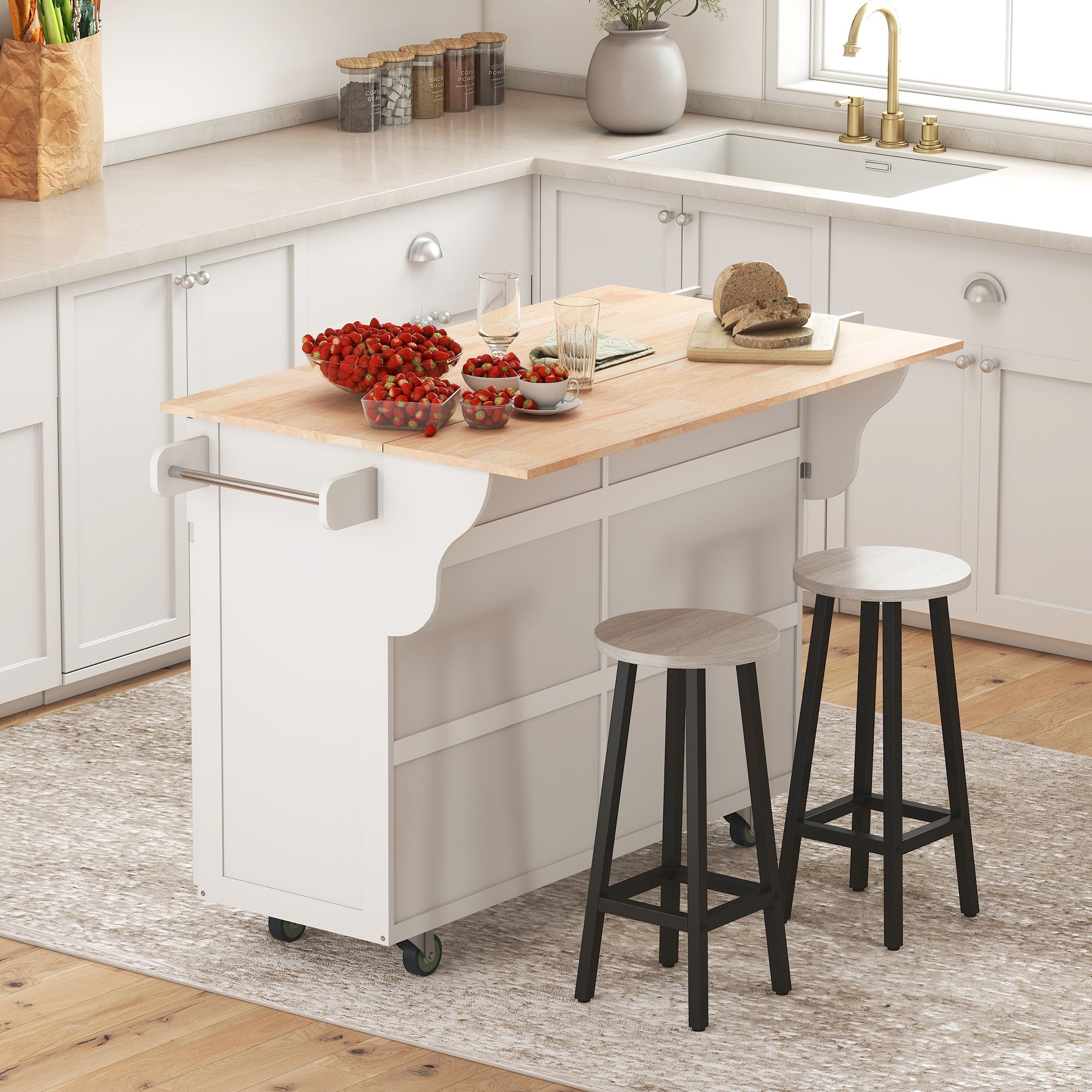 Rolling Kitchen Island with Drop Leaf - White Wood Top-DECOROLALA