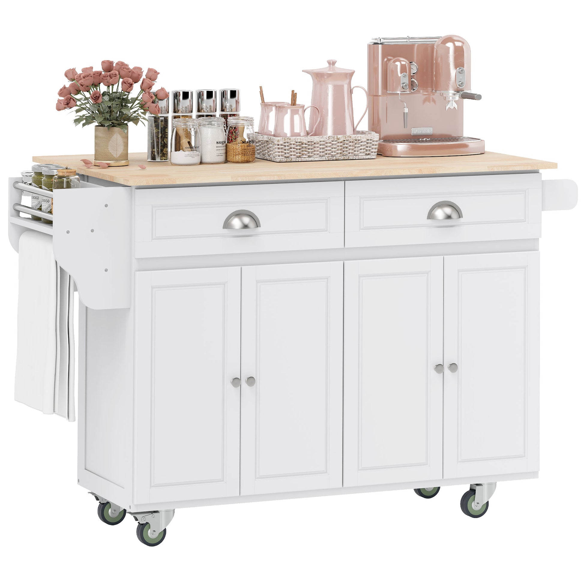 Rolling Kitchen Island with Drop Leaf - White Wood Top-DECOROLALA