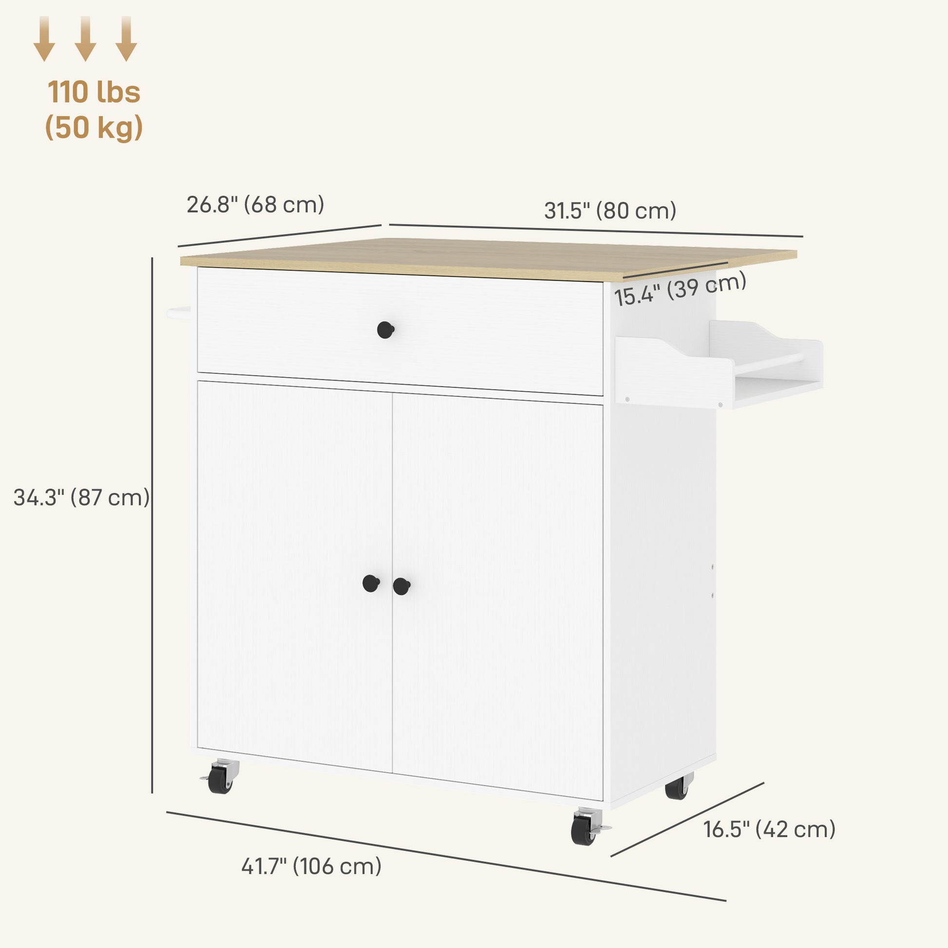 Rolling Kitchen Island with Drop Leaf - White/Oak-DECOROLALA