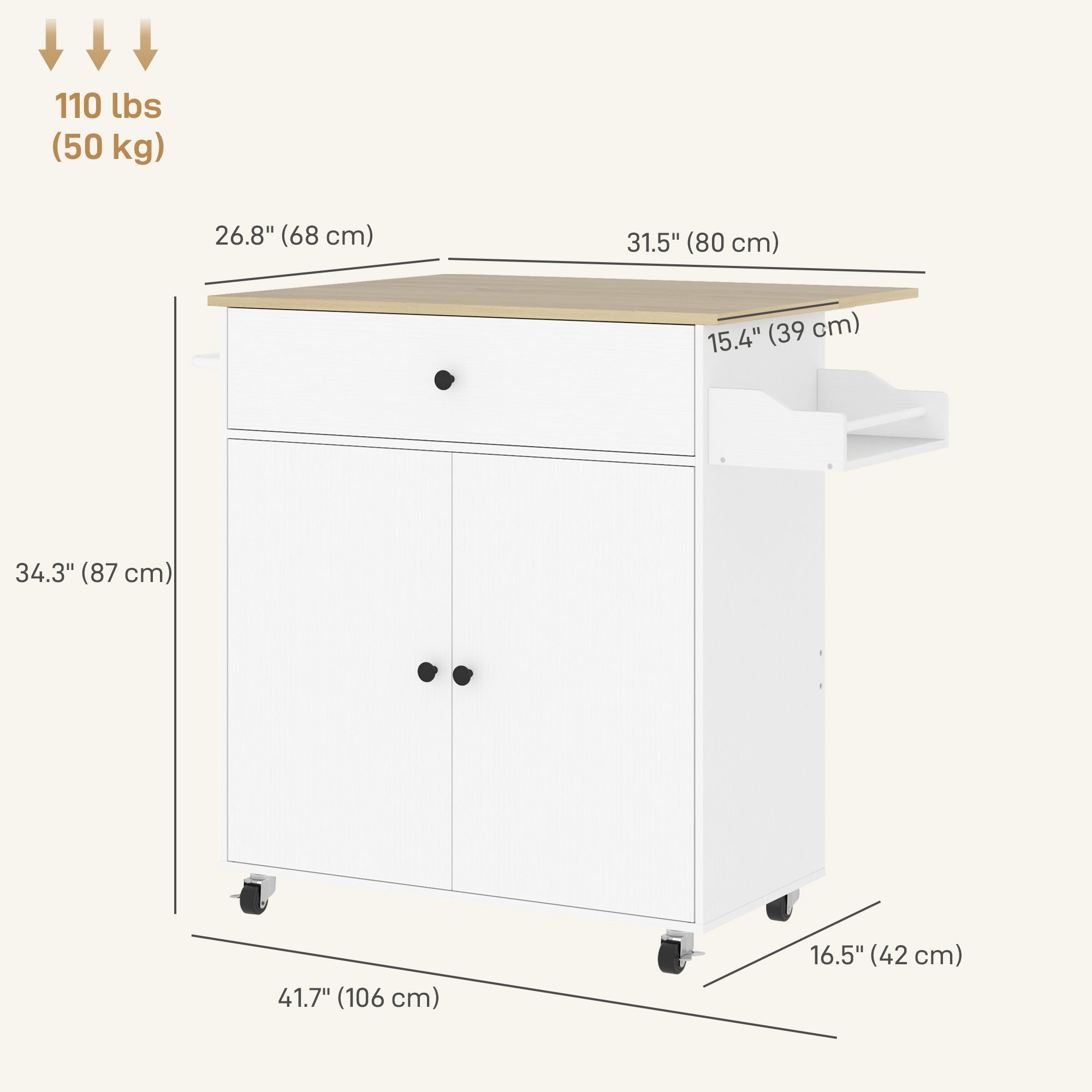 Rolling Kitchen Island with Drop Leaf - White/Oak-DECOROLALA