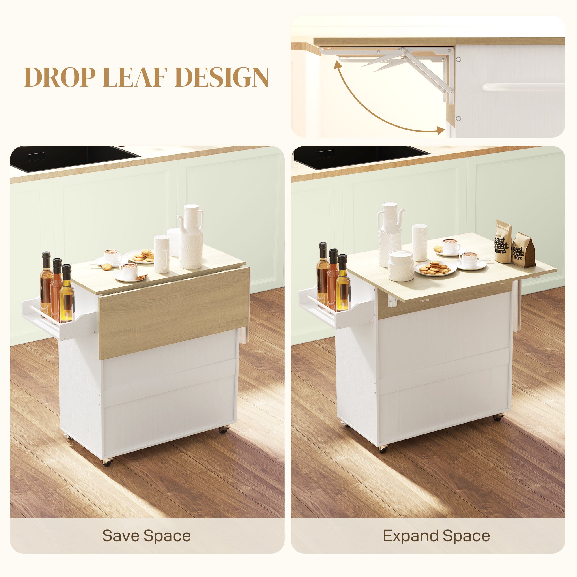 Rolling Kitchen Island with Drop Leaf - White/Oak-DECOROLALA