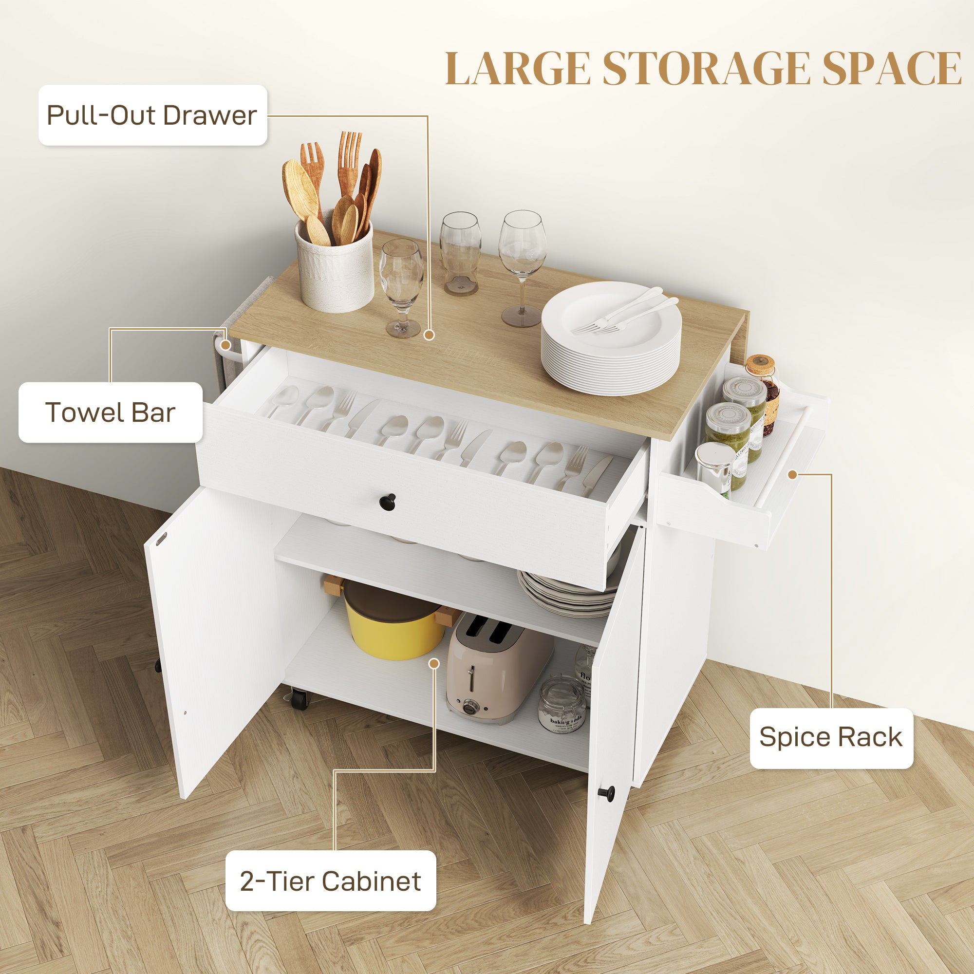 Rolling Kitchen Island with Drop Leaf - White/Oak-DECOROLALA