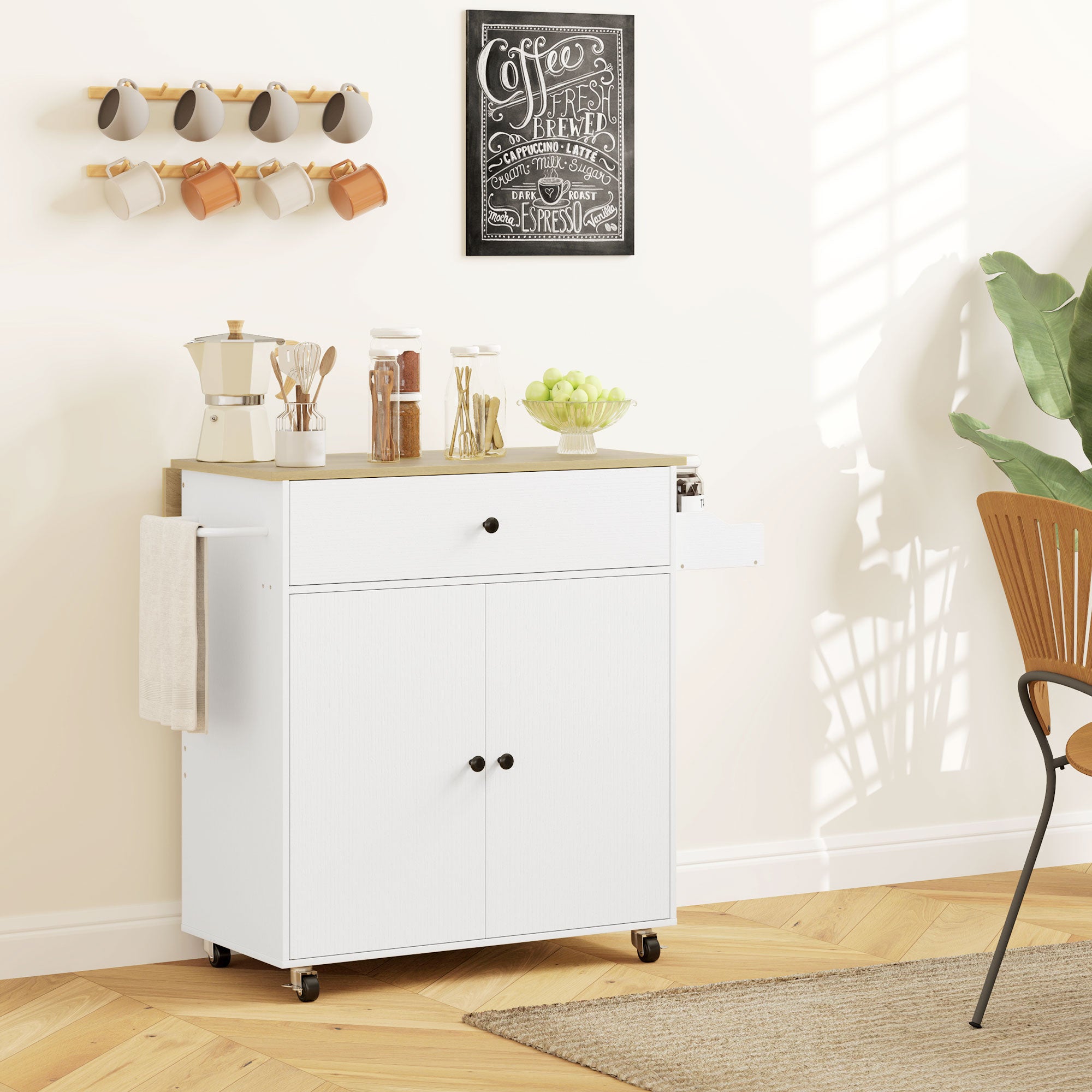 Rolling Kitchen Island with Drop Leaf - White/Oak-DECOROLALA