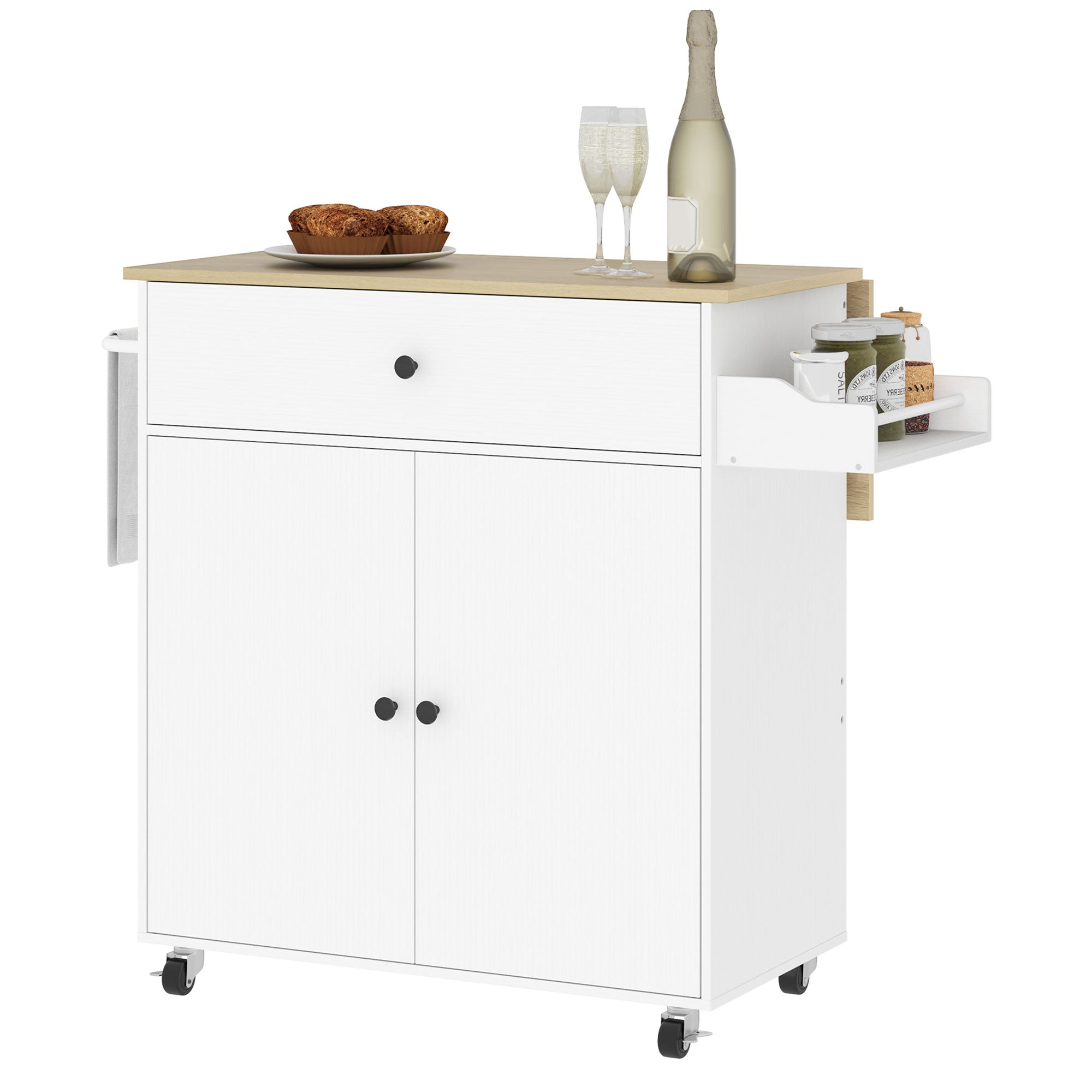Rolling Kitchen Island with Drop Leaf - White/Oak-DECOROLALA