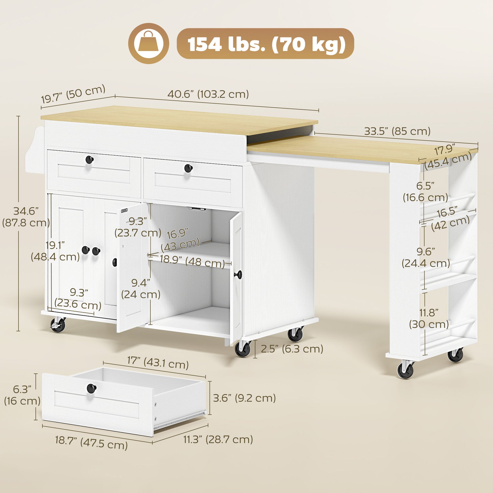 Rolling Kitchen Island with Expandable Top & Charging Station - White-DECOROLALA
