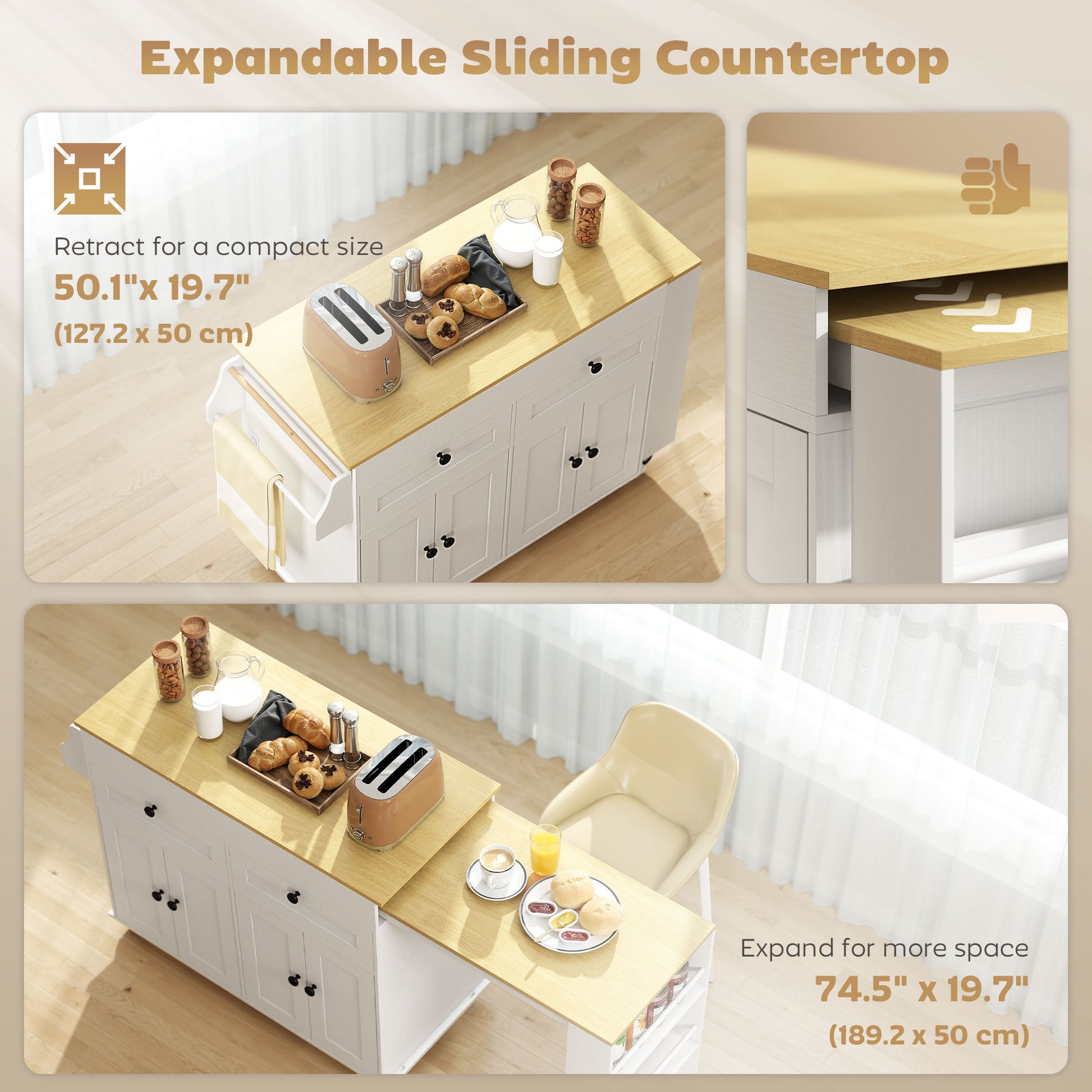 Rolling Kitchen Island with Expandable Top & Charging Station - White-DECOROLALA