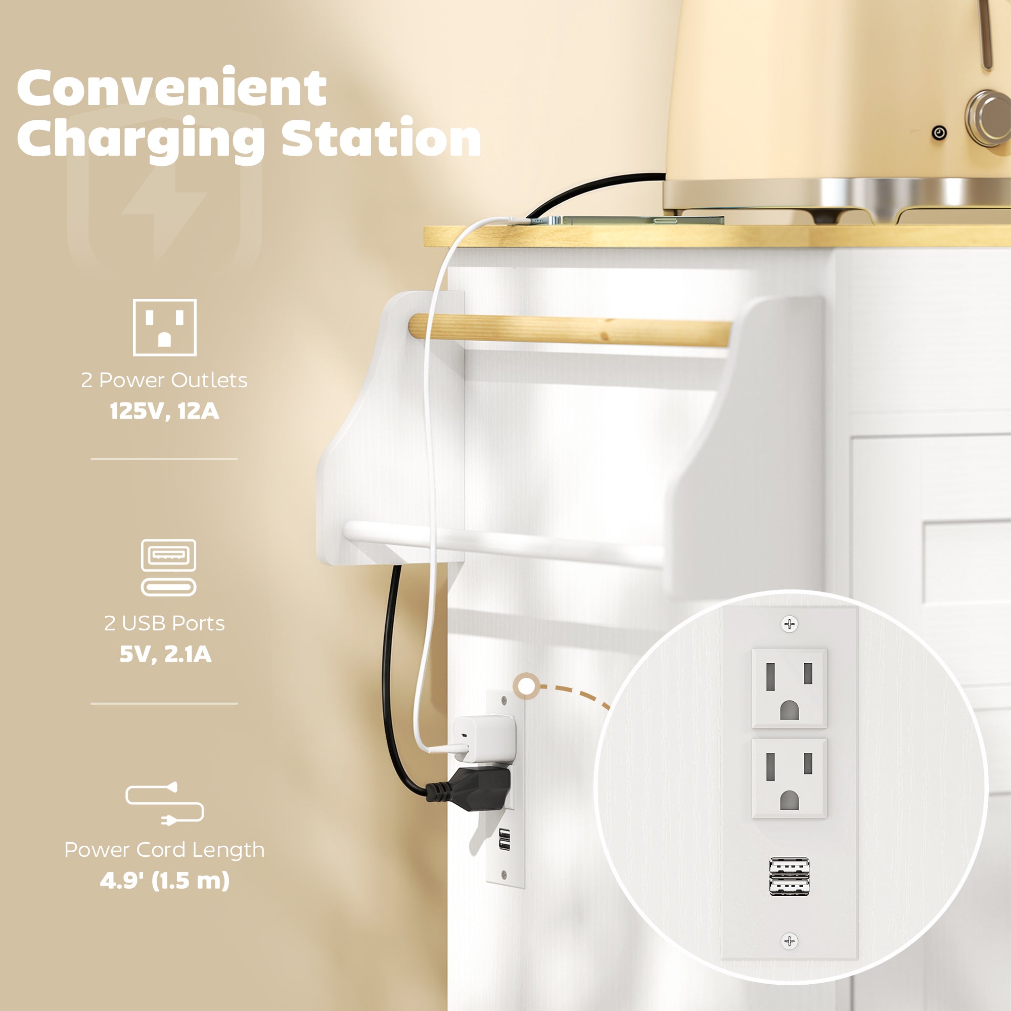 Rolling Kitchen Island with Expandable Top & Charging Station - White-DECOROLALA