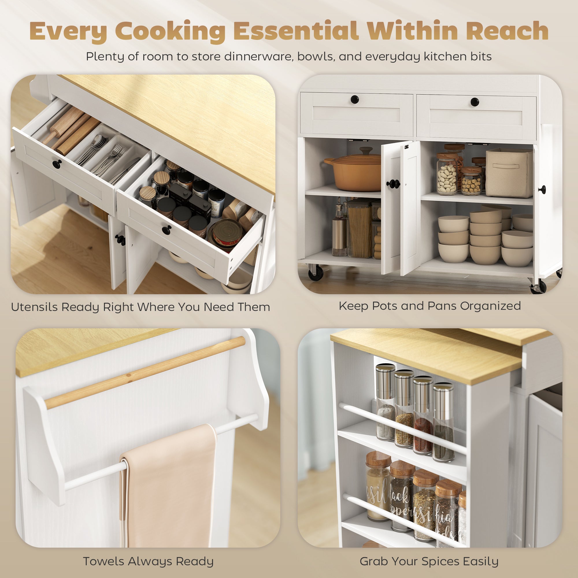 Rolling Kitchen Island with Expandable Top & Charging Station - White-DECOROLALA