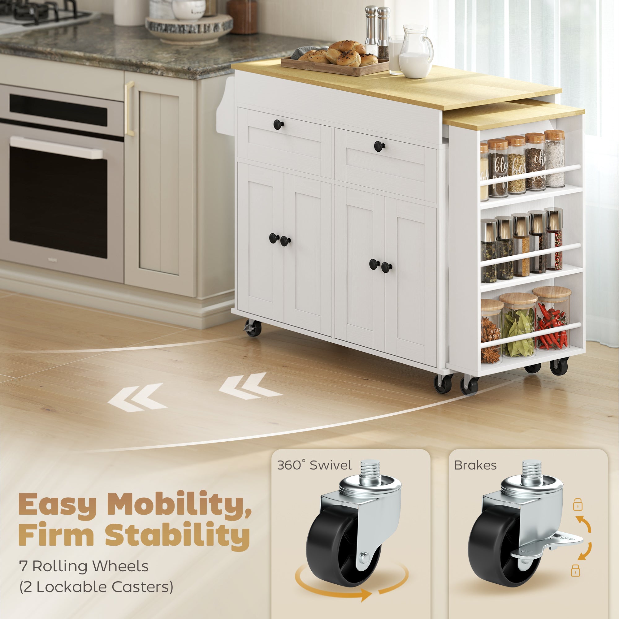 Rolling Kitchen Island with Expandable Top & Charging Station - White-DECOROLALA