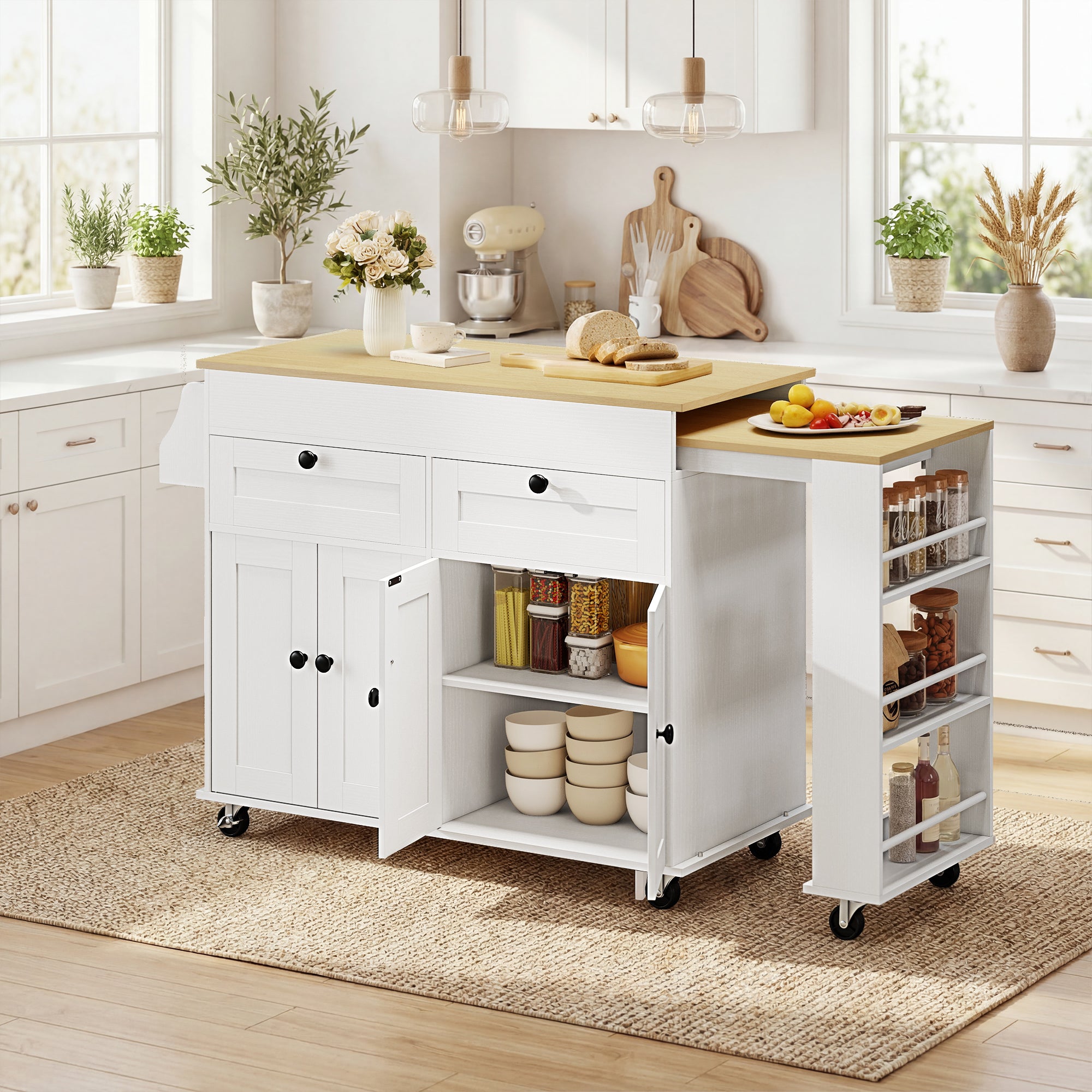 Rolling Kitchen Island with Expandable Top & Charging Station - White-DECOROLALA
