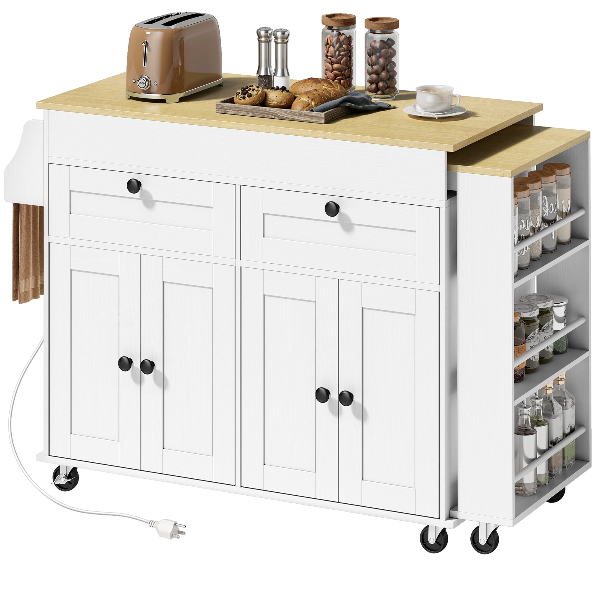 Rolling Kitchen Island with Expandable Top & Charging Station - White-DECOROLALA