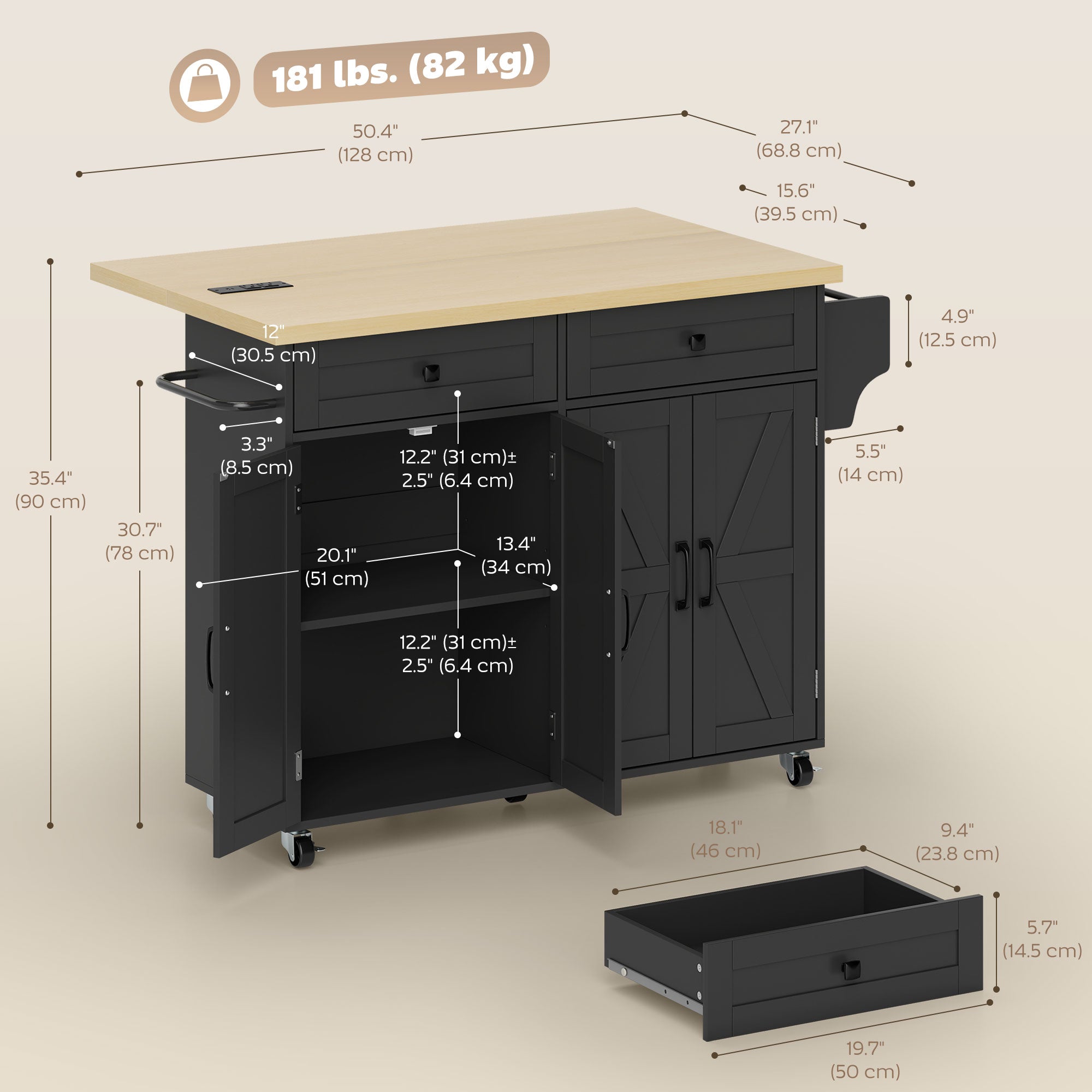 Rolling Kitchen Island with Power Outlet & Drop Leaf - Black-DECOROLALA